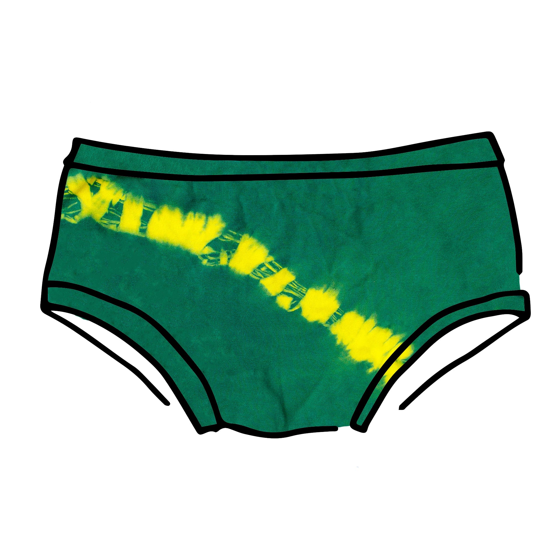 Drawing of Thunderpants Hipster style underwear in Lightning Bolt hand dye - blue/green with yellow stripe.