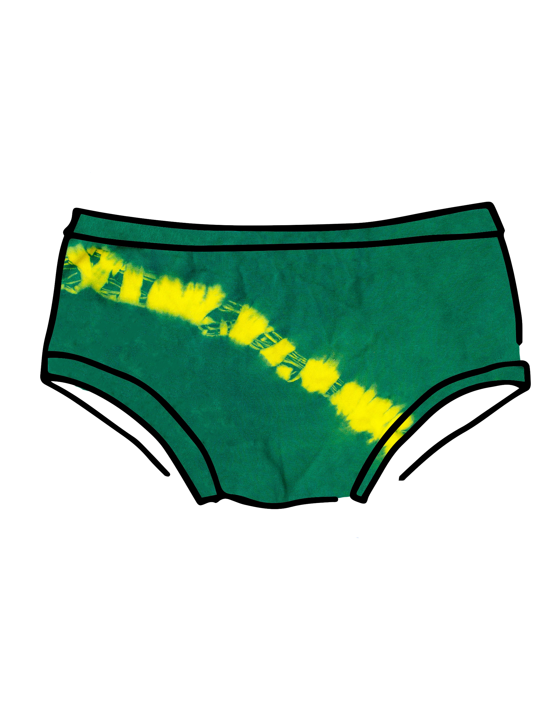 Drawing of Thunderpants Hipster style underwear in Lightning Bolt hand dye - blue/green with yellow stripe. 