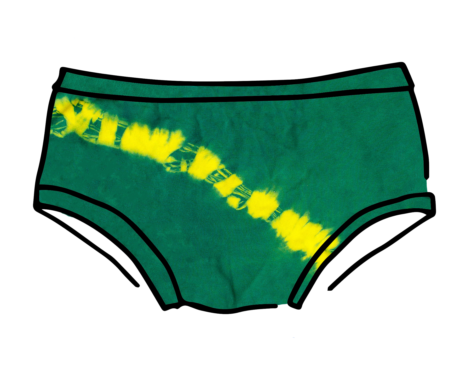 Drawing of Thunderpants Hipster style underwear in Lightning Bolt hand dye - blue/green with yellow stripe. 