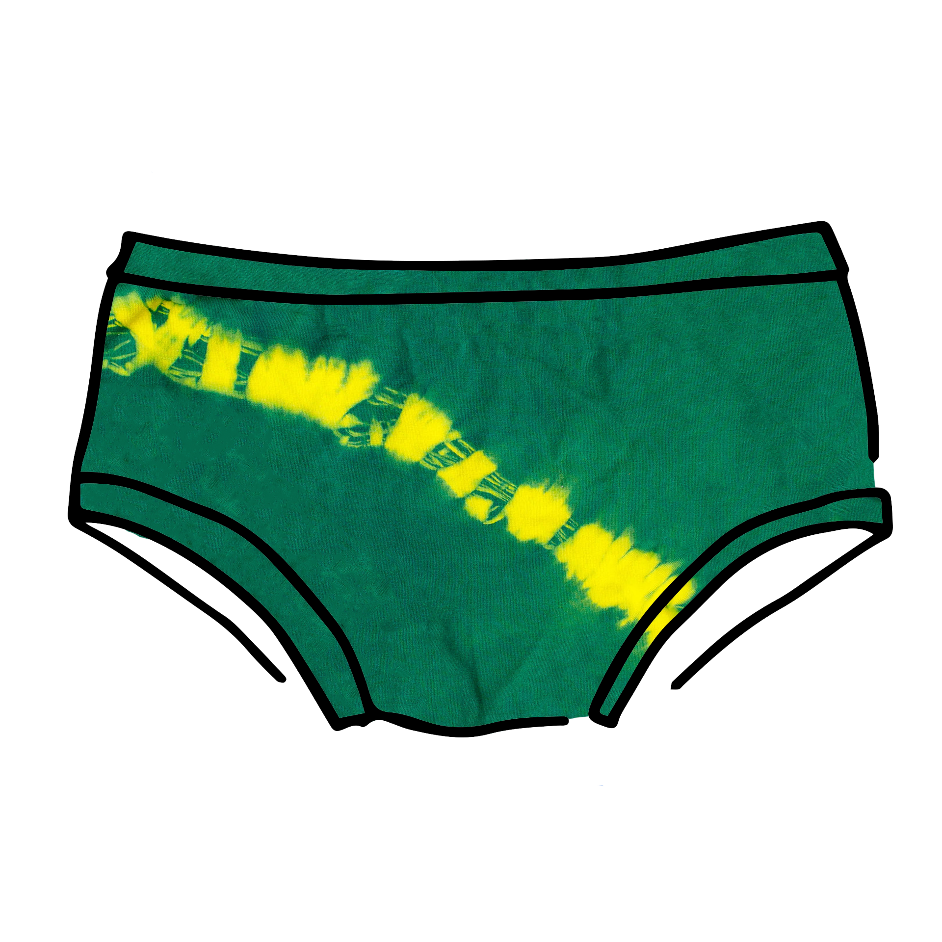 Drawing of Thunderpants Hipster style underwear in Lightning Bolt hand dye - blue/green with yellow stripe. 
