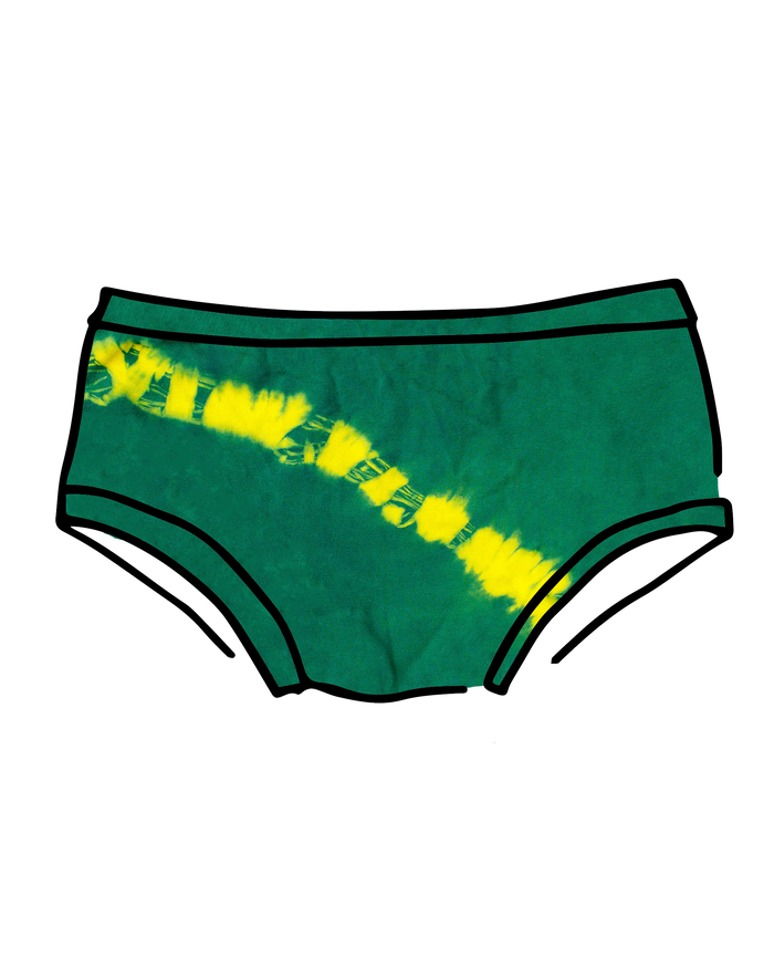 Drawing of Thunderpants Hipster style underwear in Lightning Bolt hand dye - blue/green with yellow stripe. 