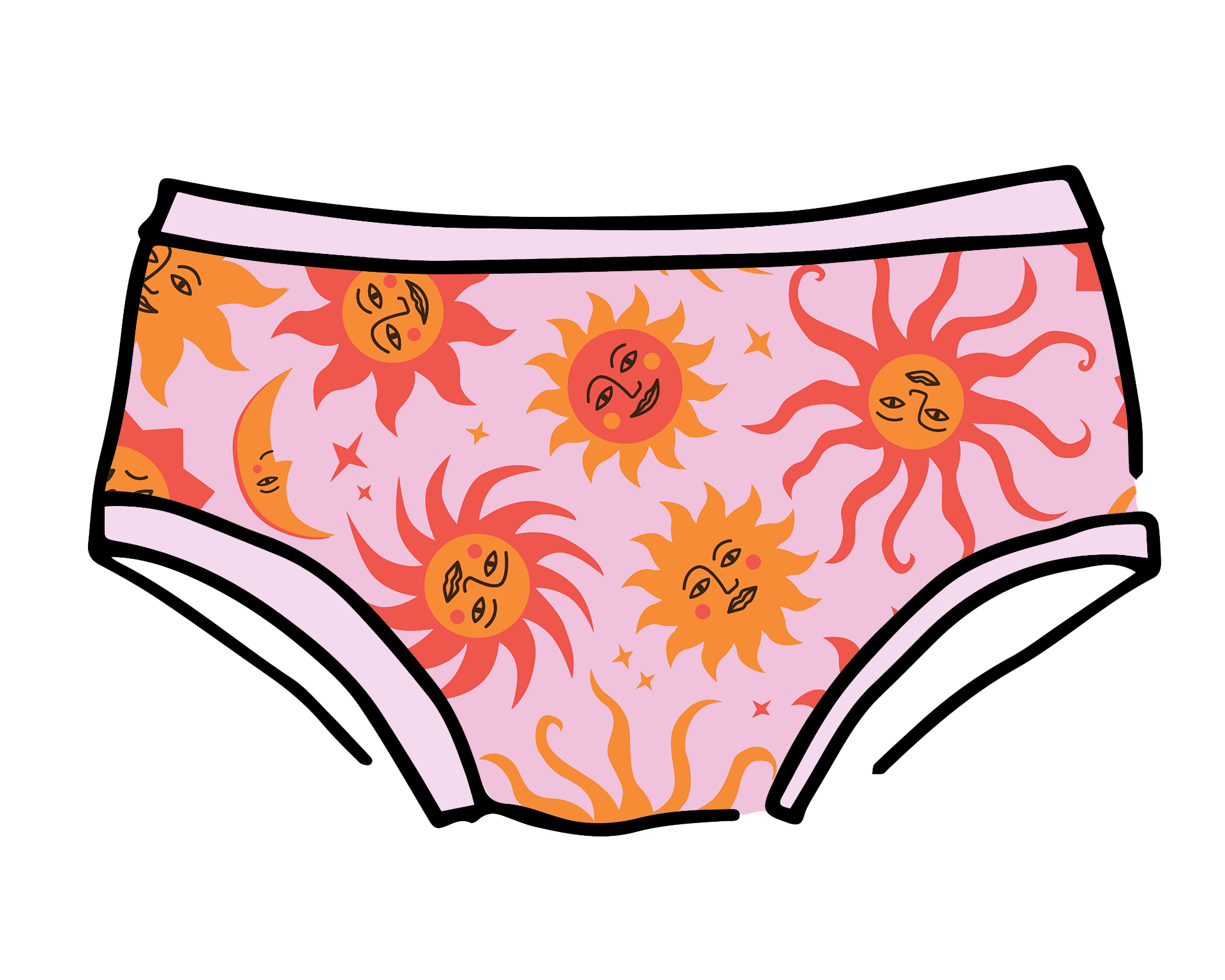 Drawing of Thunderpants Hipster style underwear in Luna y Sol print - pink, yellow, and orange suns and moons.