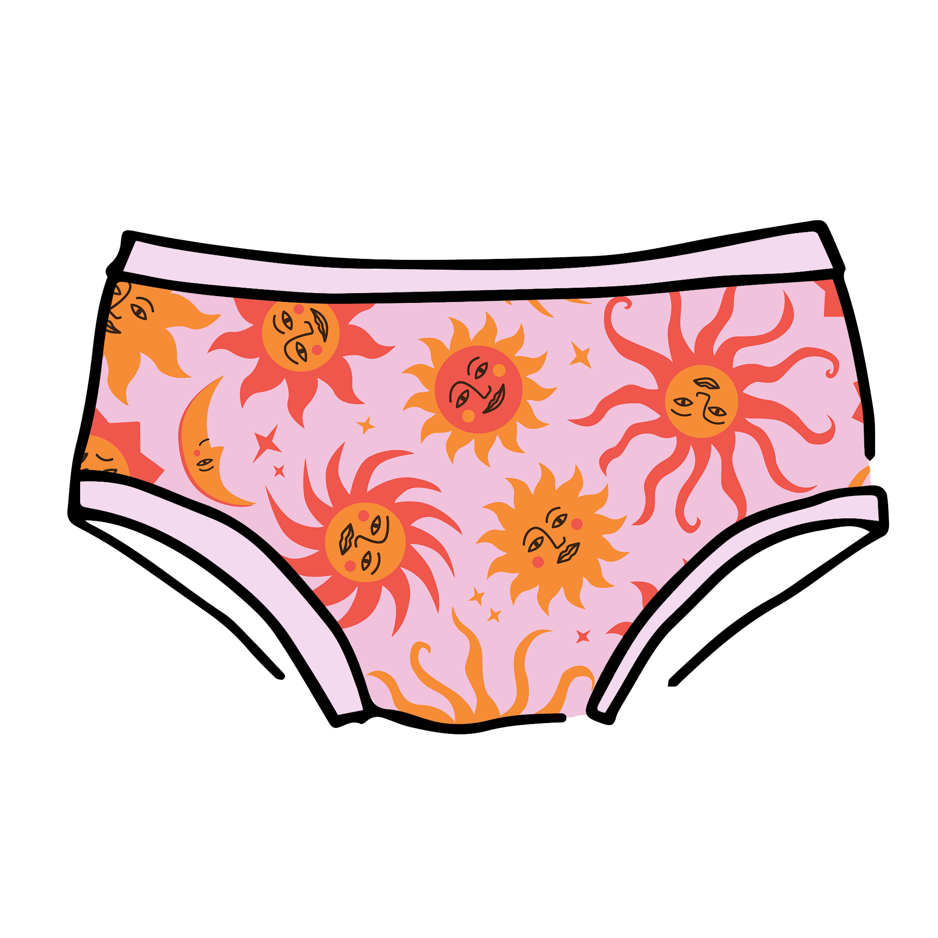 Drawing of Thunderpants Hipster style underwear in Luna y Sol print - pink, yellow, and orange suns and moons.