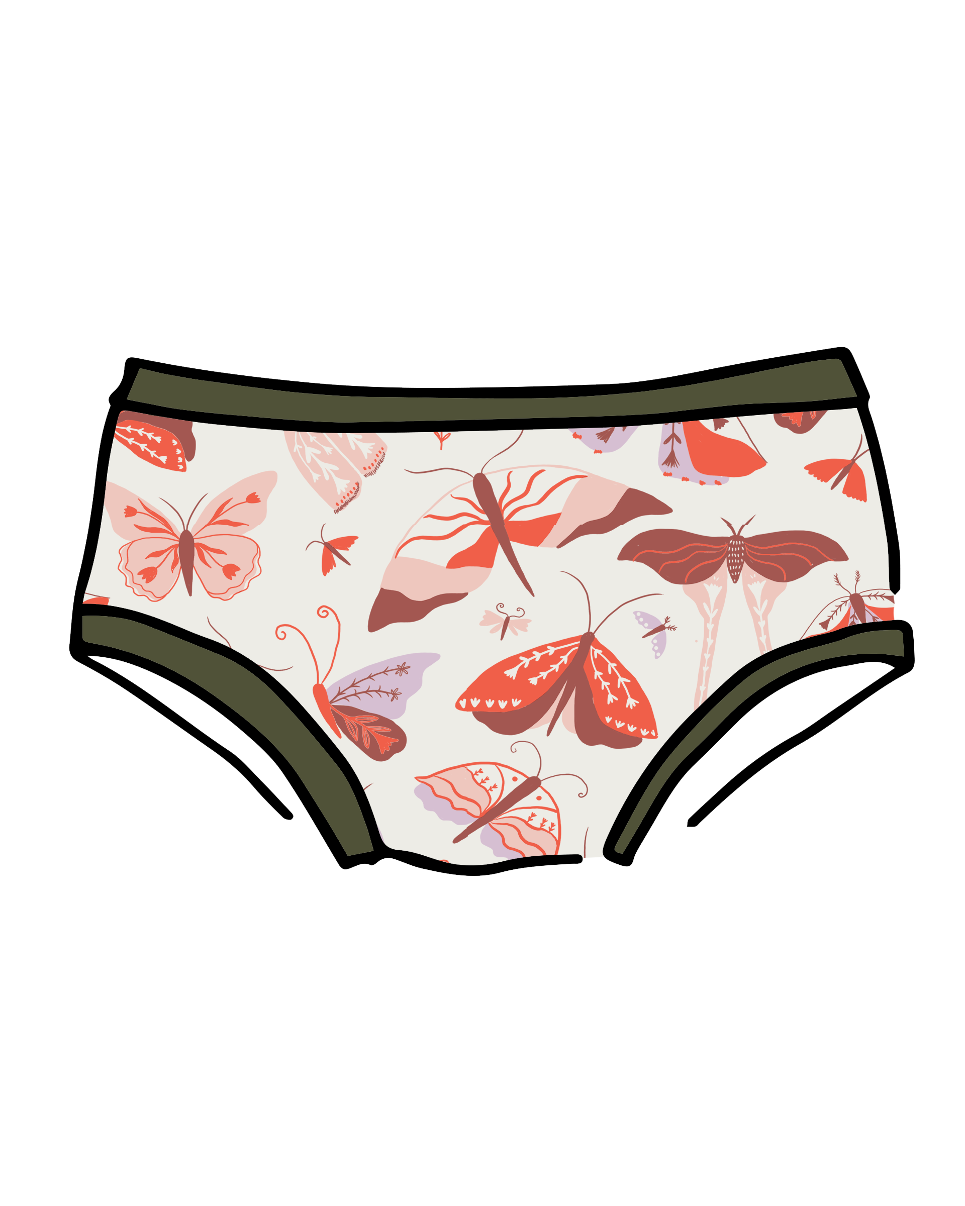 Drawing of Thunderpants Hipster style underwear in Field Study: a moth print in red, orange, pink, and purple bound in green.