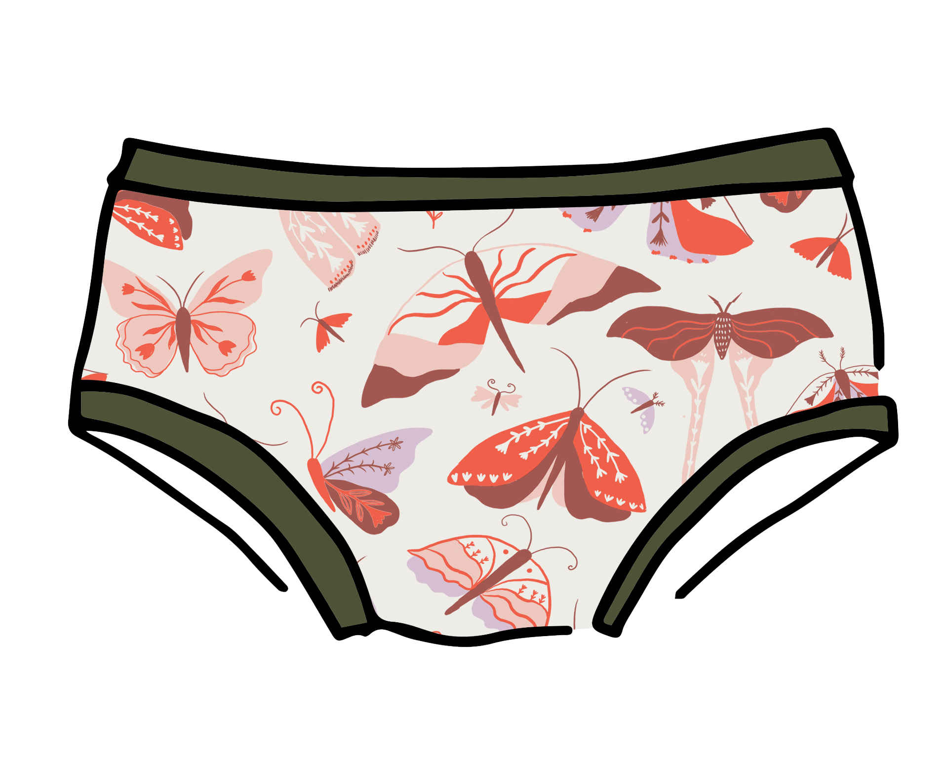 Drawing of Thunderpants Hipster style underwear in Field Study: a moth print in red, orange, pink, and purple bound in green.