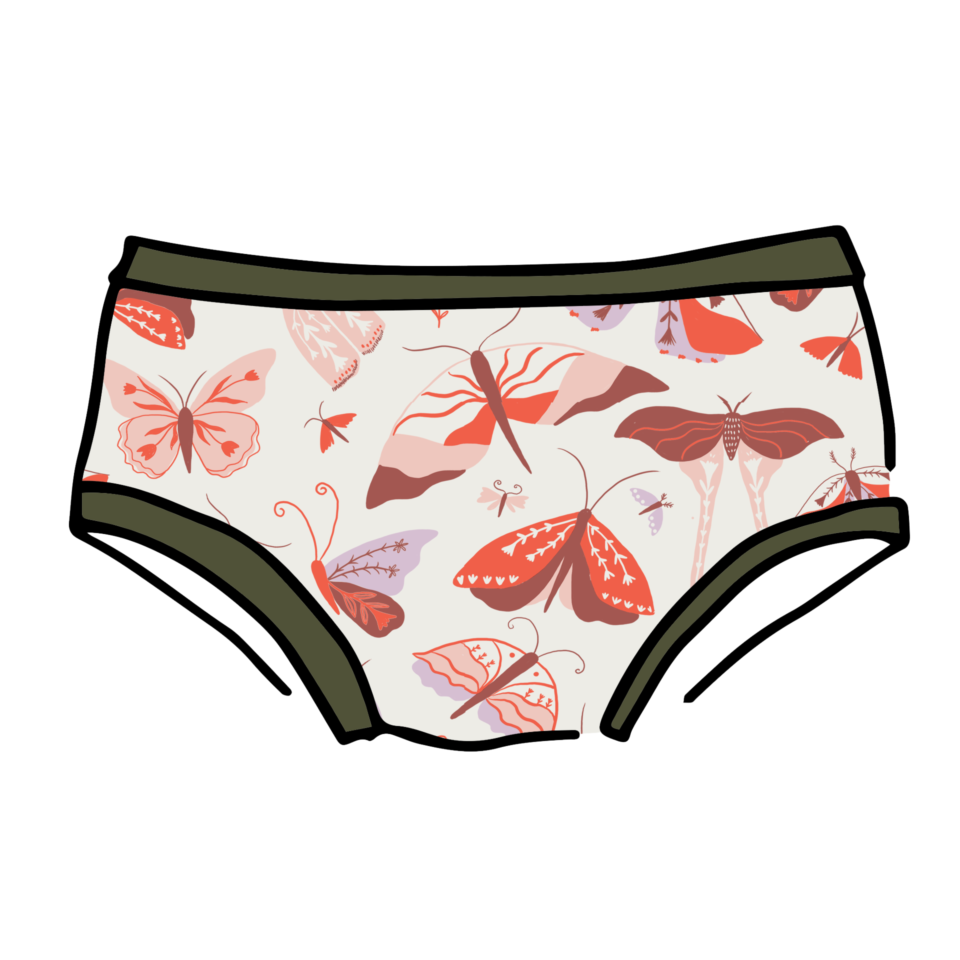 Drawing of Thunderpants Hipster style underwear in Field Study: a moth print in red, orange, pink, and purple bound in green.
