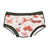 Drawing of Thunderpants Hipster style underwear in Field Study: a moth print in red, orange, pink, and purple bound in green.