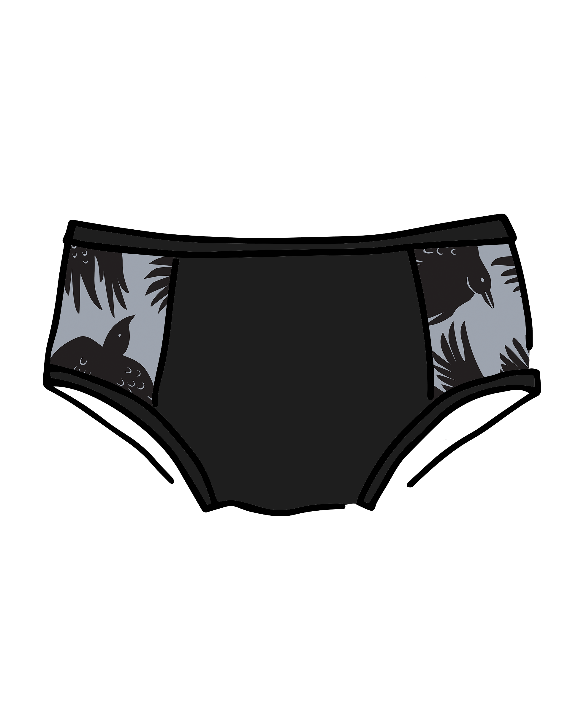 Drawing of Thudnerpants Hipster Panel Pants style underwear in So it Crows - black crows with grey background one the sides and black on front and back. 