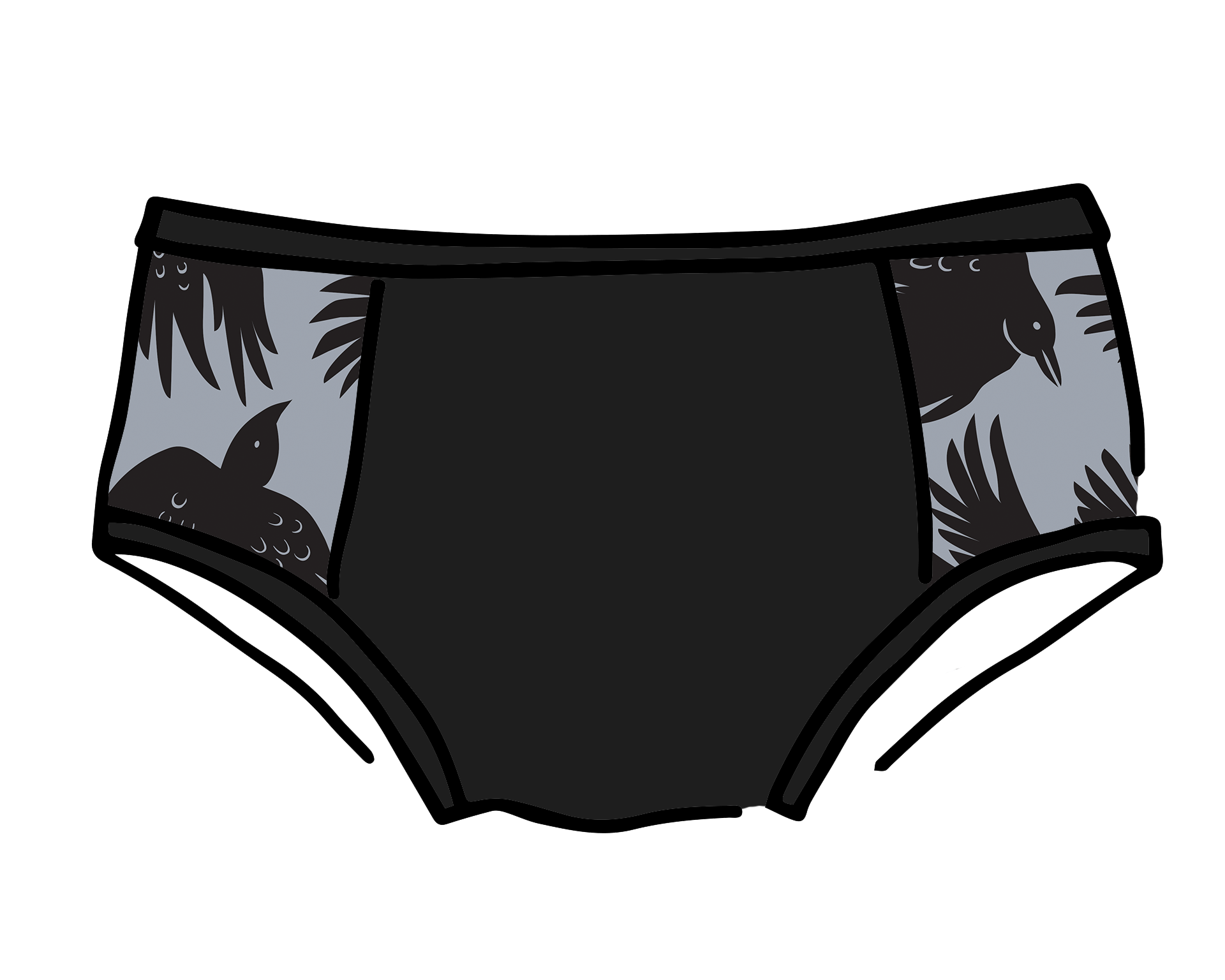 Drawing of Thudnerpants Hipster Panel Pants style underwear in So it Crows - black crows with grey background one the sides and black on front and back. 