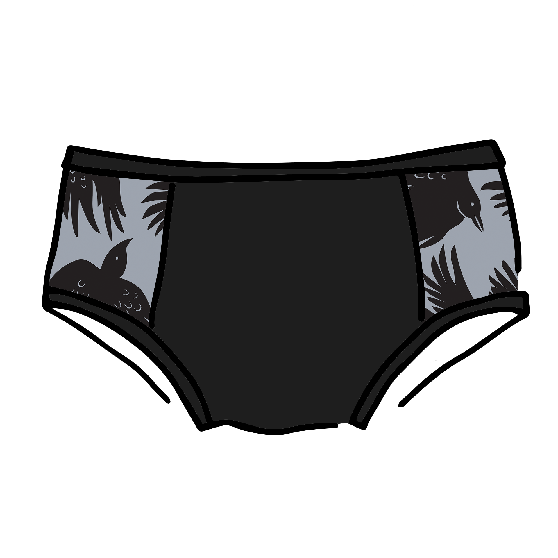Drawing of Thudnerpants Hipster Panel Pants style underwear in So it Crows - black crows with grey background one the sides and black on front and back. 
