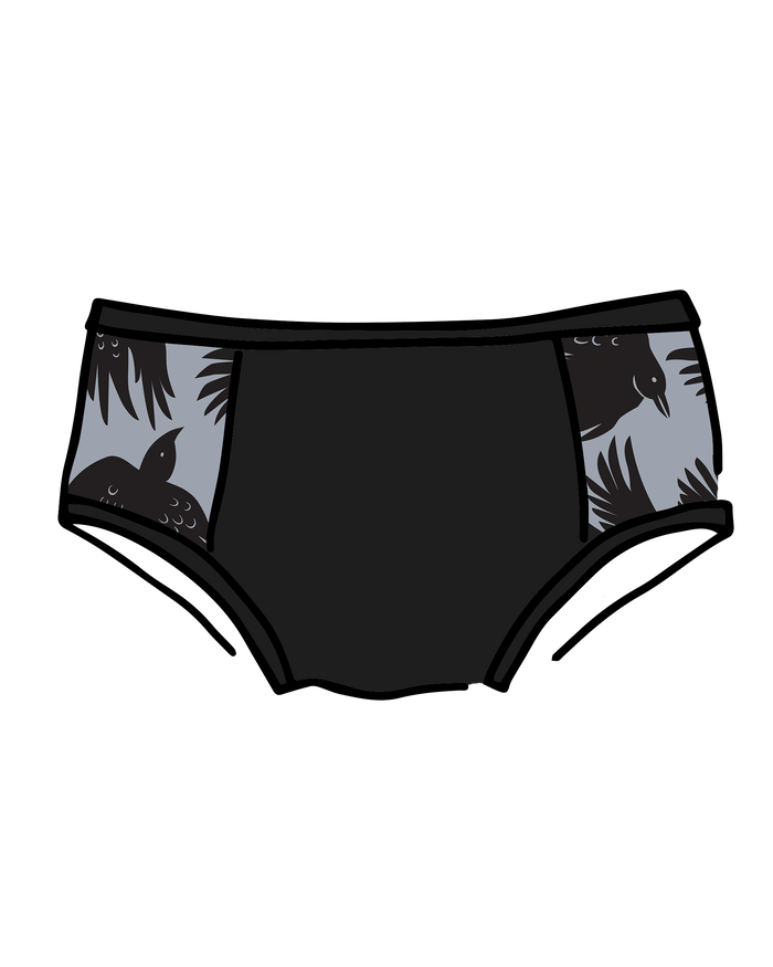 Drawing of Thudnerpants Hipster Panel Pants style underwear in So it Crows - black crows with grey background one the sides and black on front and back. 