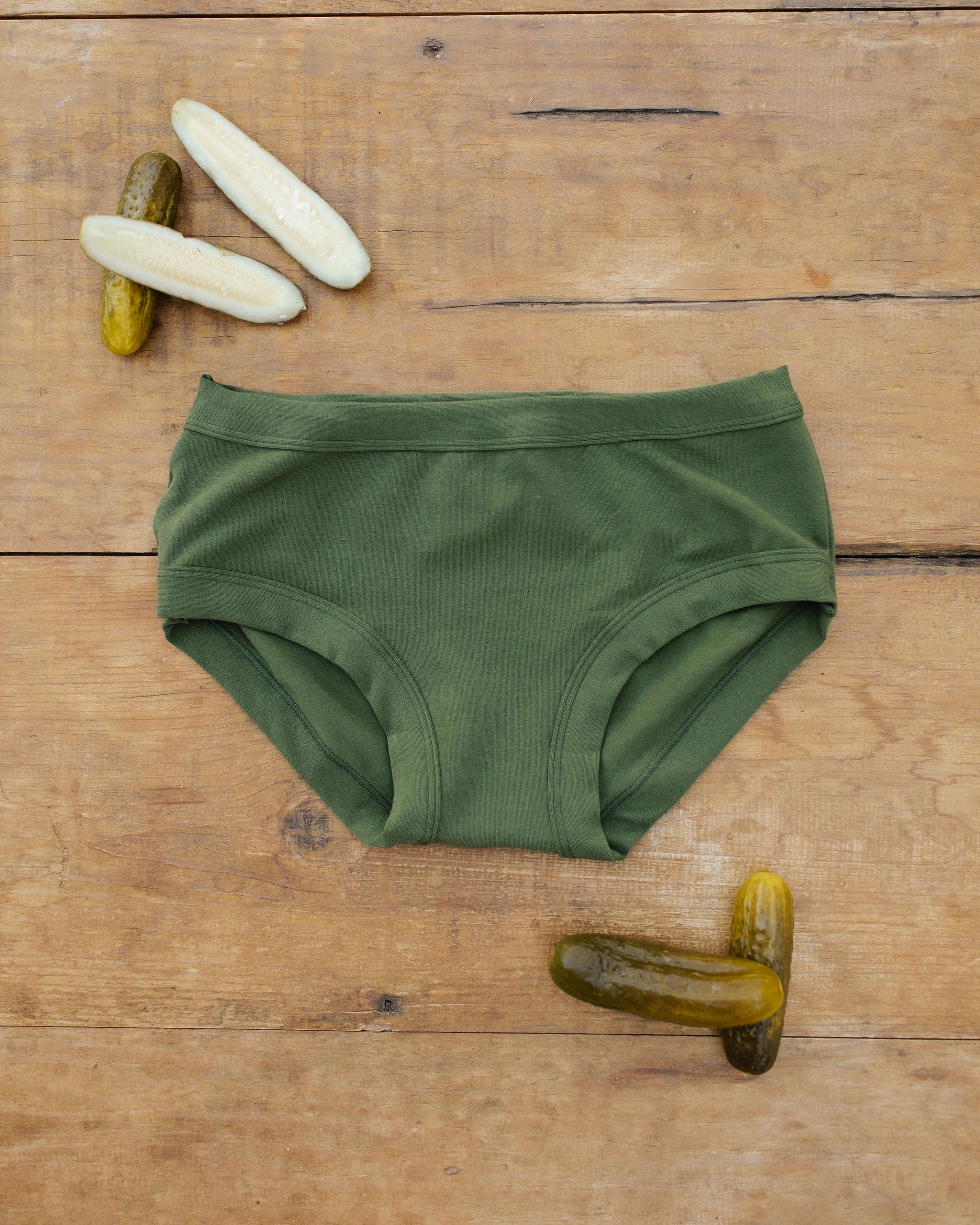Flat lay of Thunderpants Hipster style underwear in Pickled Green.