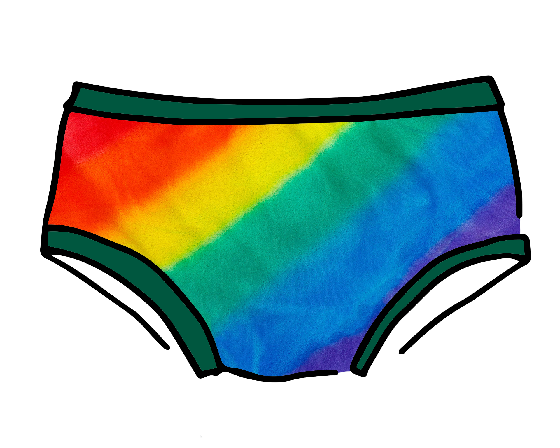Drawing of Thunderpants organic cotton Hipster style underwear in hand painted rainbow stripes for Pride. 