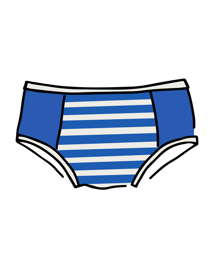 Drawing of Thunderpants Hipster Panel Pants style underwear in Sailor Stripes. 