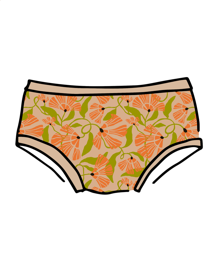 Drawing of Thunderpants Hipster style underwear in Secret Garden - orange flowers and green leaves.