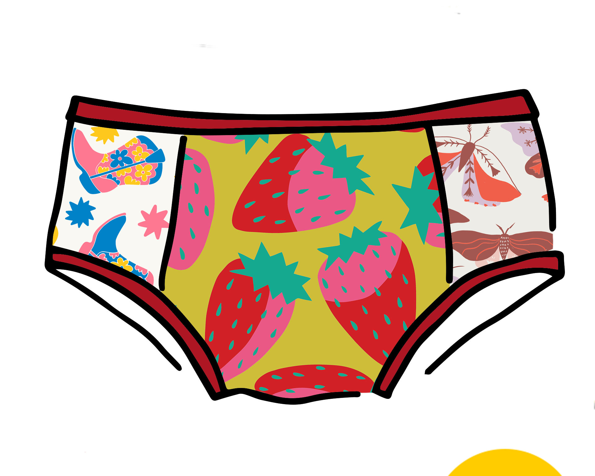 Drawing of Thunderpants Hipster Panel Pant style underwear with various prints and colors.