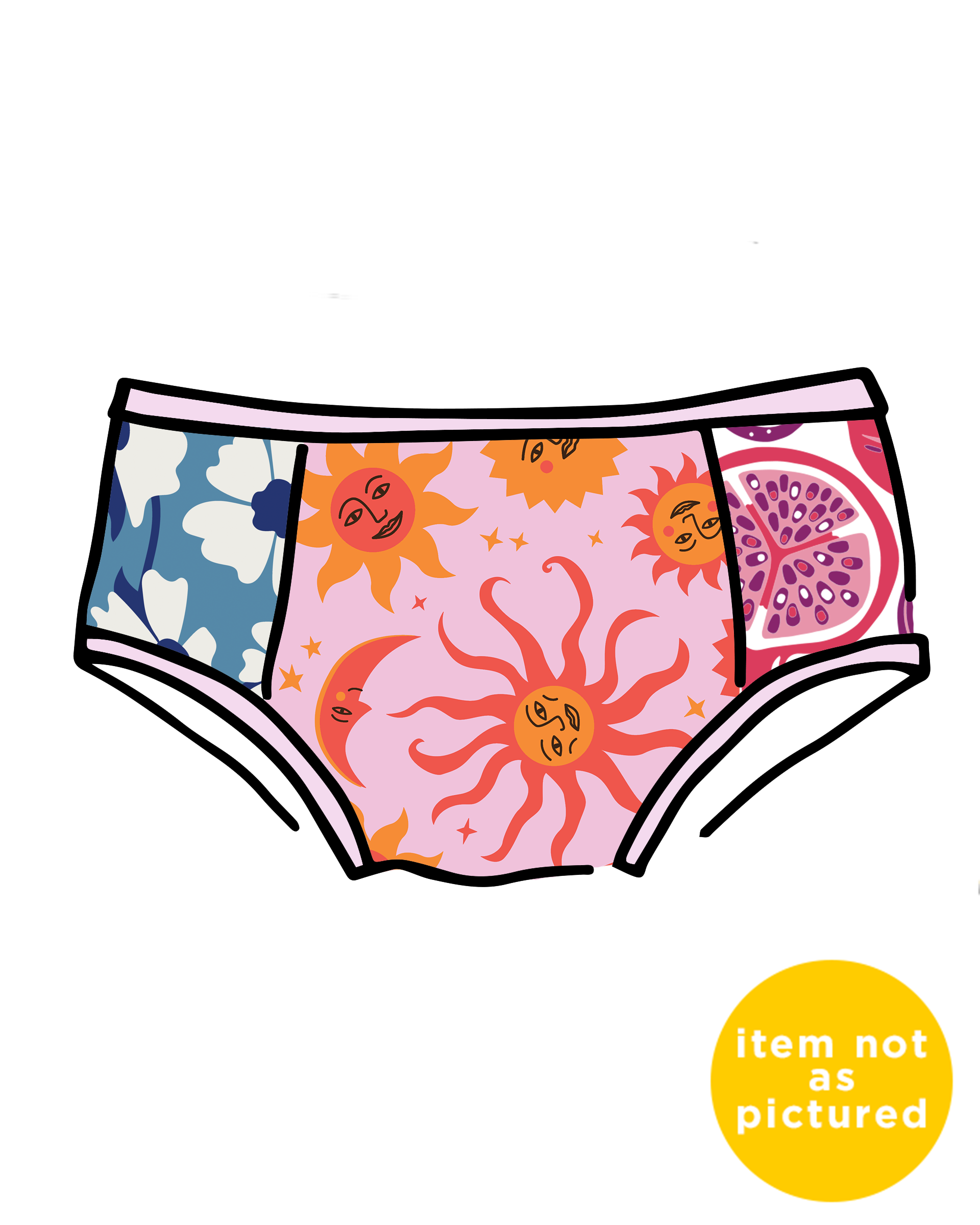 Drawing of Thunderpants Hipster Panel Pant style underwear with various prints and colors.