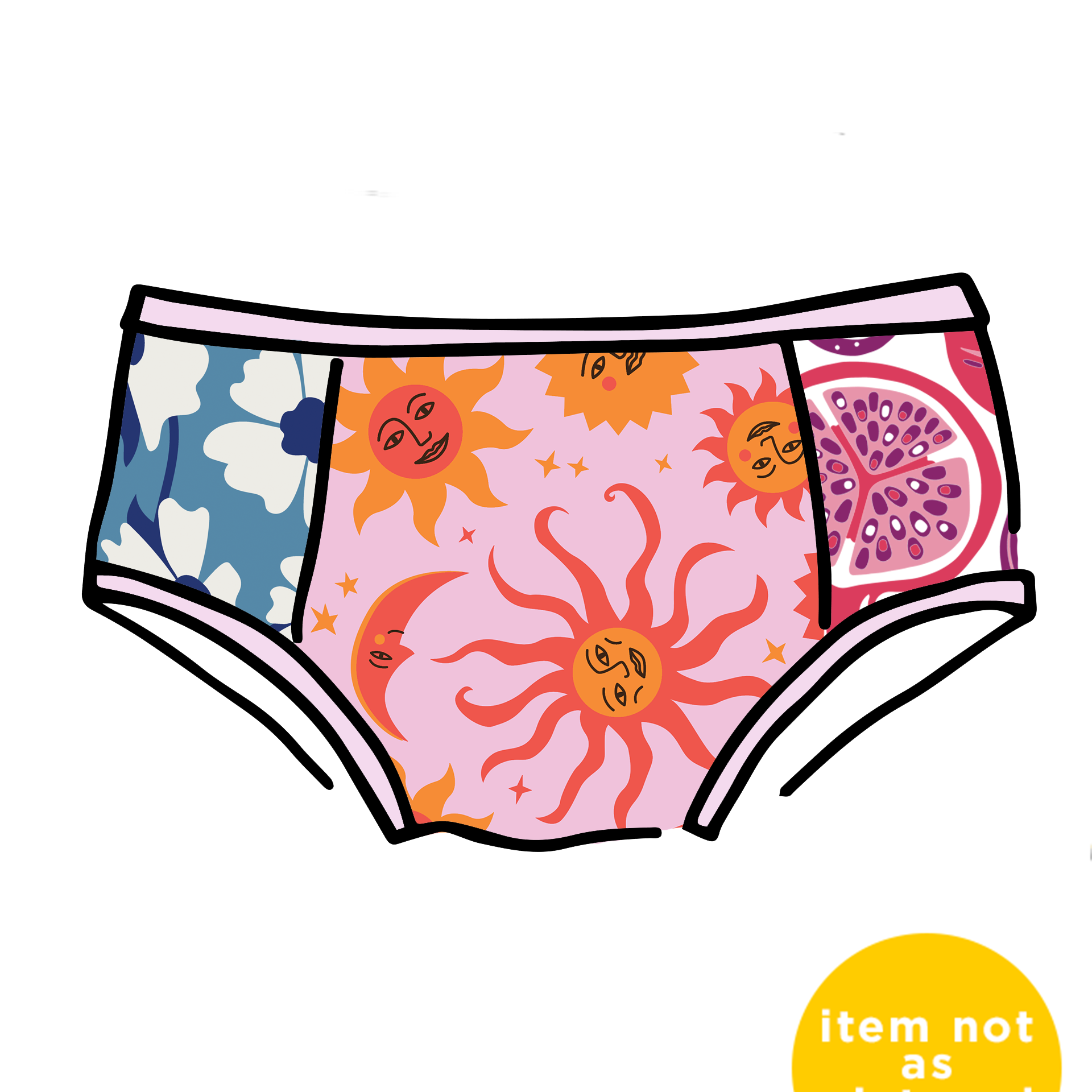 Drawing of Thunderpants Hipster Panel Pant style underwear with various prints and colors.