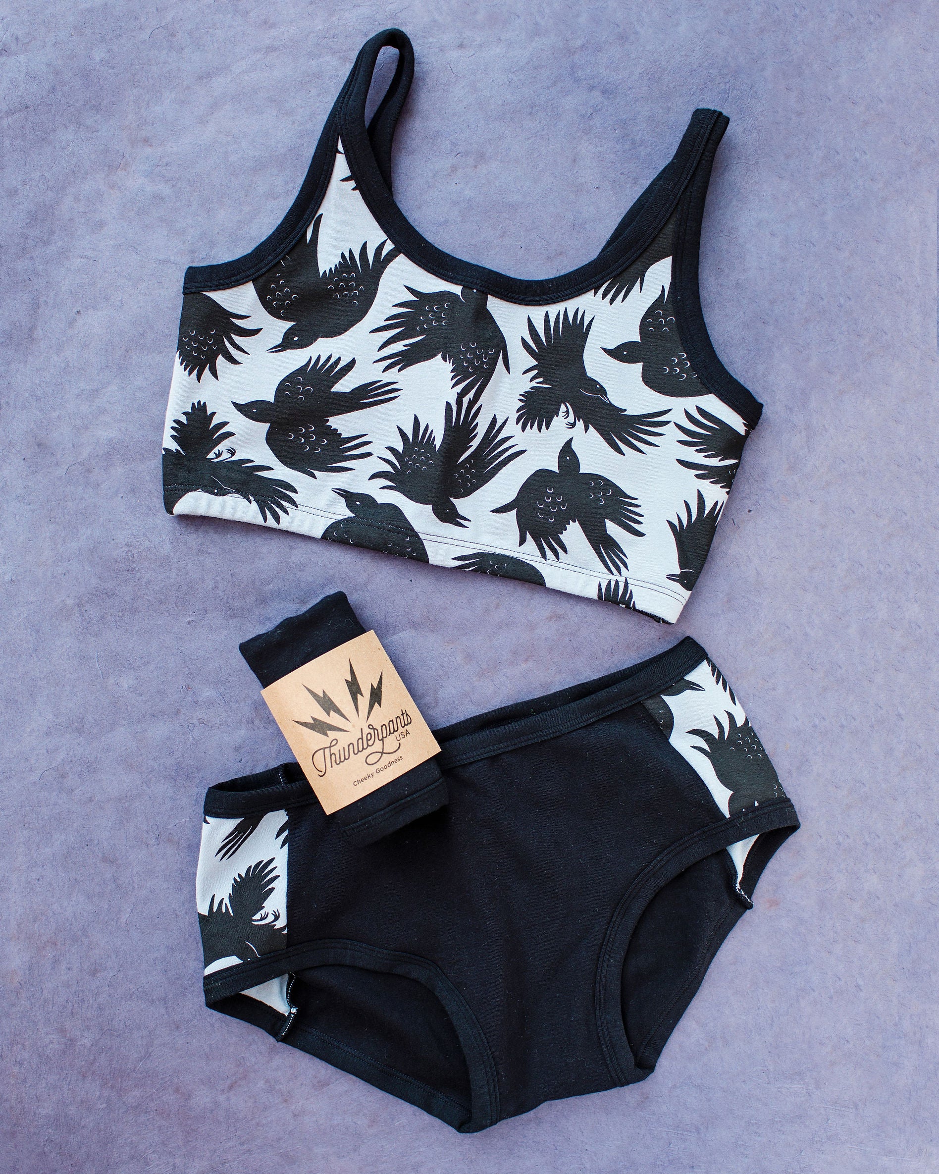 Flat lay of Thudnerpants Hipster Panel Pants style underwear in So it Crows - black crows with grey background one the sides and black on front and back - and Longline Bra in So it Crows. 
