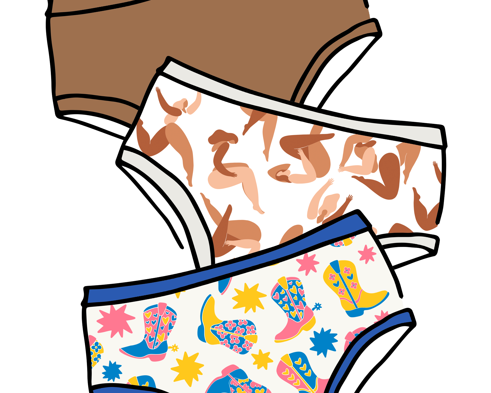 Drawing of three Thunderpants Hipster stye underwear in Hazelnut, Bodies in Motion, and Boot Scootin'.