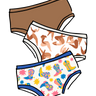 Drawing of three Thunderpants Hipster stye underwear in Hazelnut, Bodies in Motion, and Boot Scootin'.