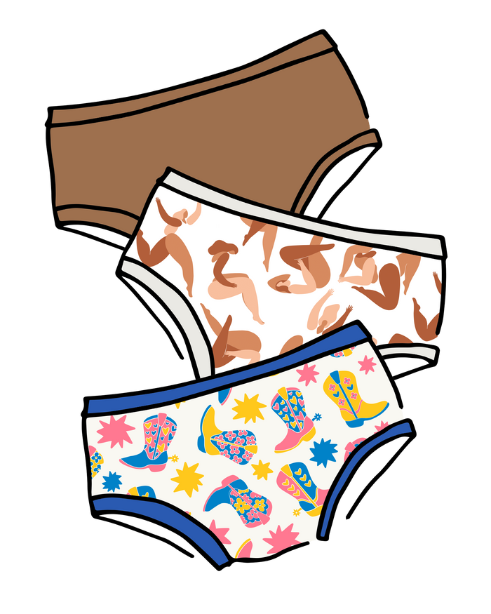 Drawing of three Thunderpants Hipster stye underwear in Hazelnut, Bodies in Motion, and Boot Scootin'.