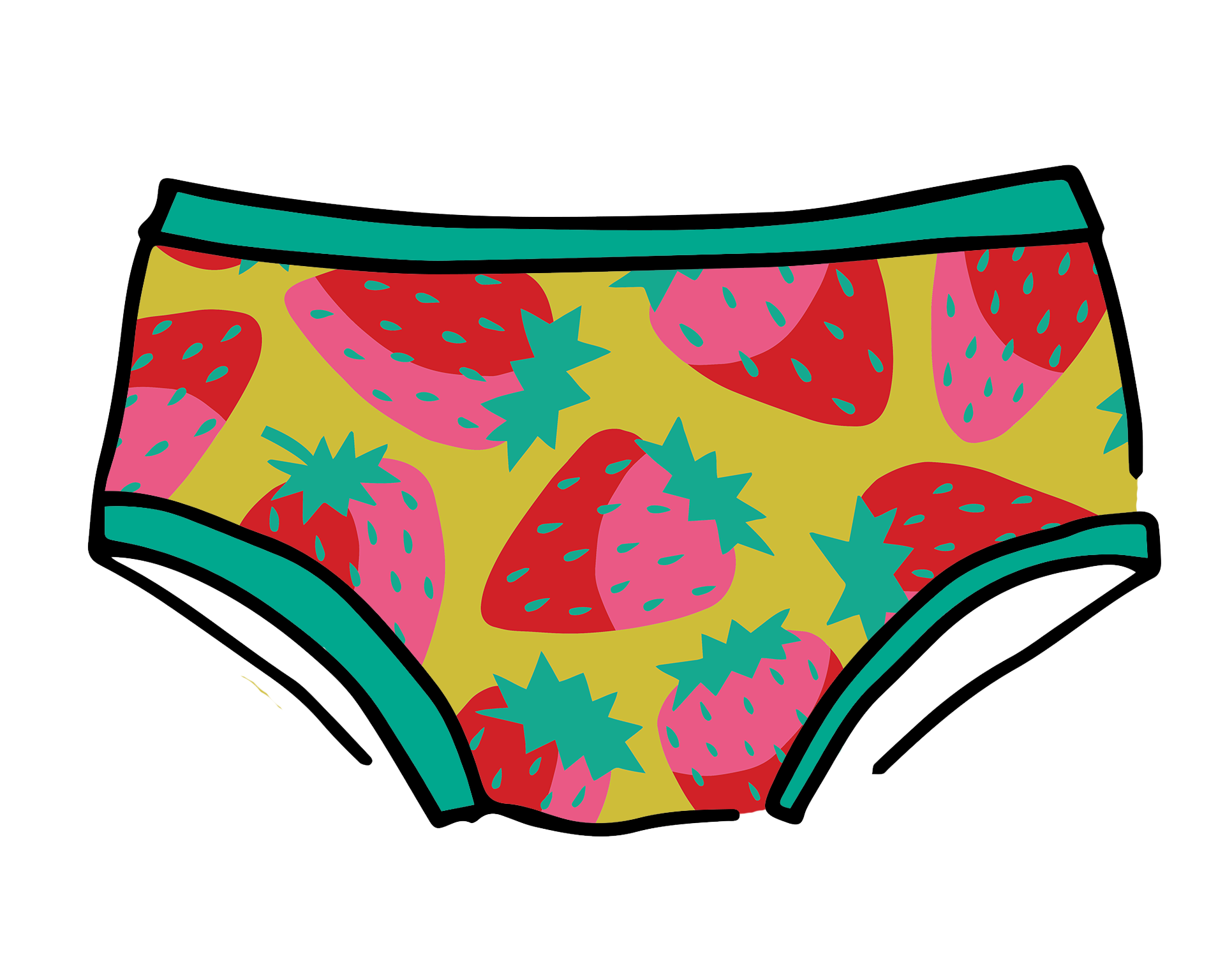 Drawing of Thunderpants Hipster style underwear in a Strawberry print - pink, red, and peacock green on chartreuse. 