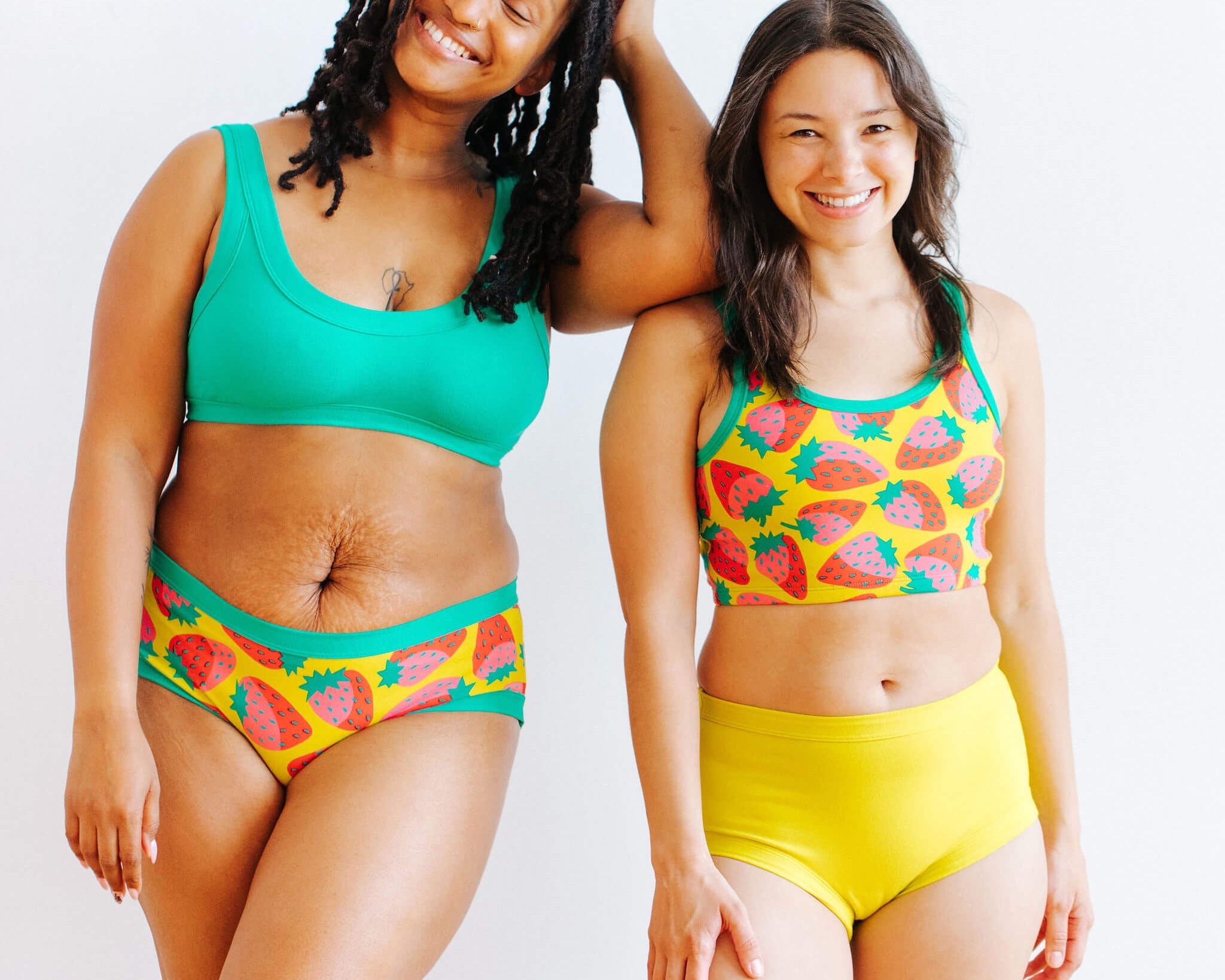 Two models wearing various Thunderpants underwear and Bra styles in various prints and colors.