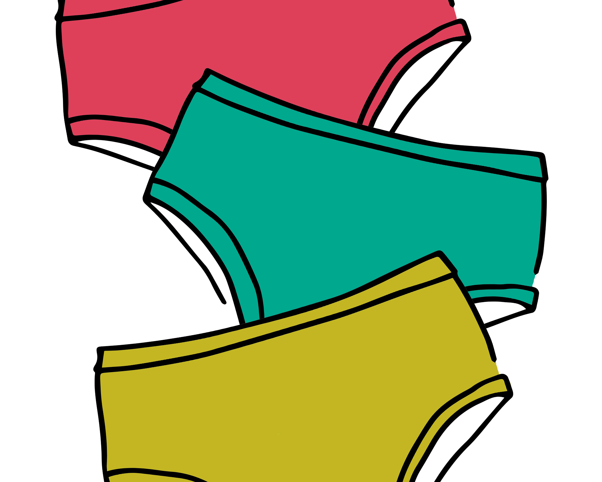Drawing of three Thunderpants Hipster style underwear in Pomegranate Punch, Peacock Green, and Star Fruit - the Summer Solids Three Pack.