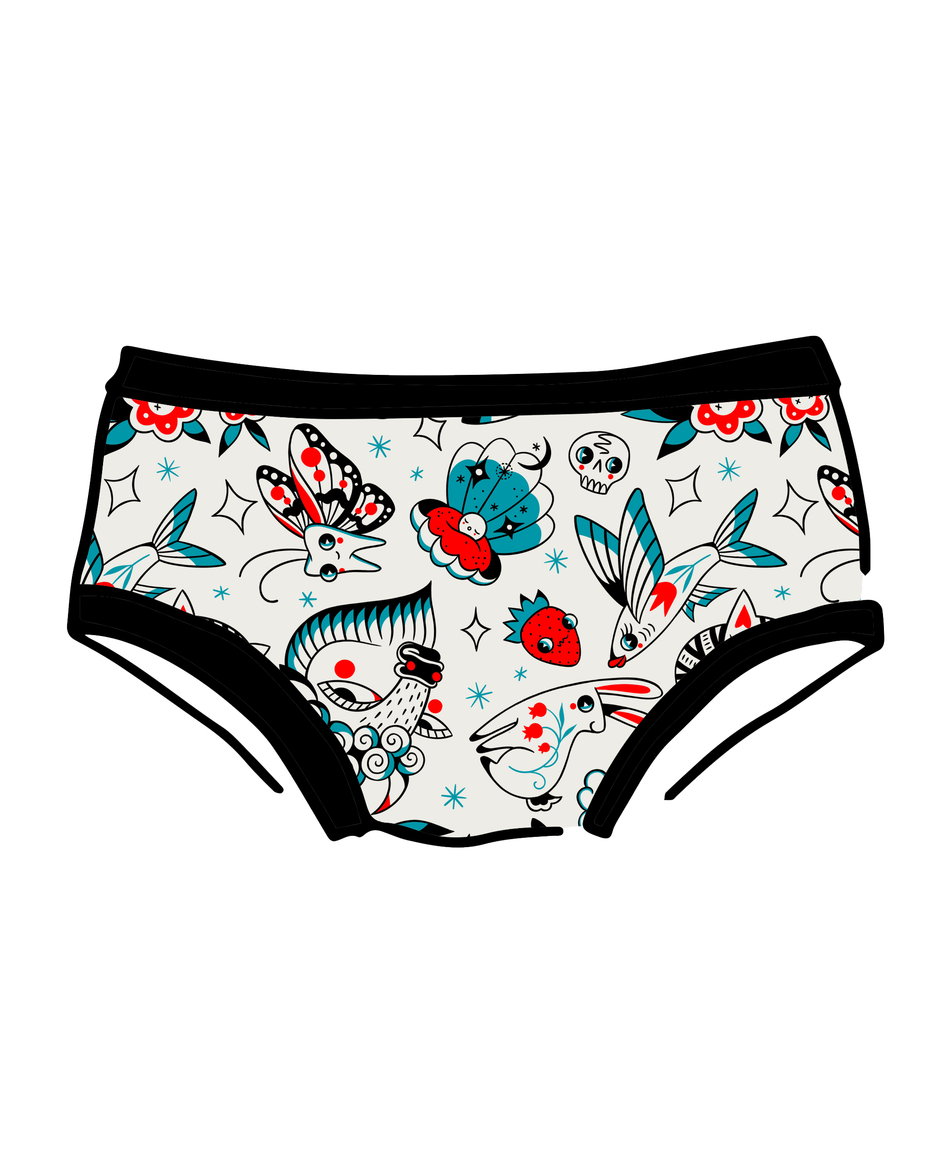 Drawing of Thunderpants Hipster style underwear in Inked Up - a tattoo pattern with black, red, and blue. 