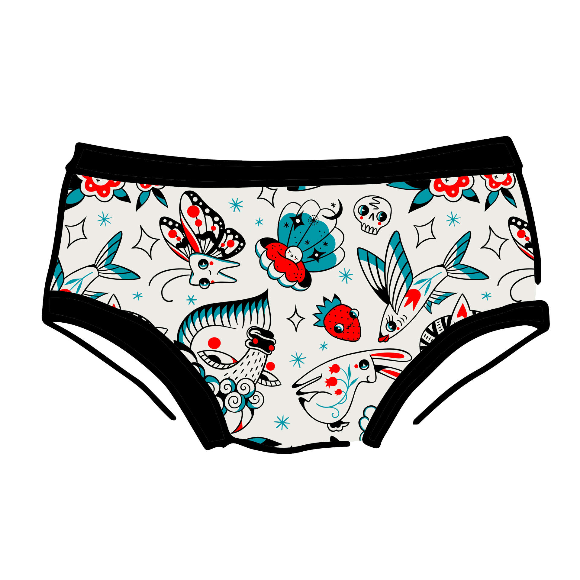 Drawing of Thunderpants Hipster style underwear in Inked Up - a tattoo pattern with black, red, and blue. 