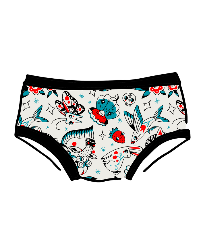 Drawing of Thunderpants Hipster style underwear in Inked Up - a tattoo pattern with black, red, and blue. 