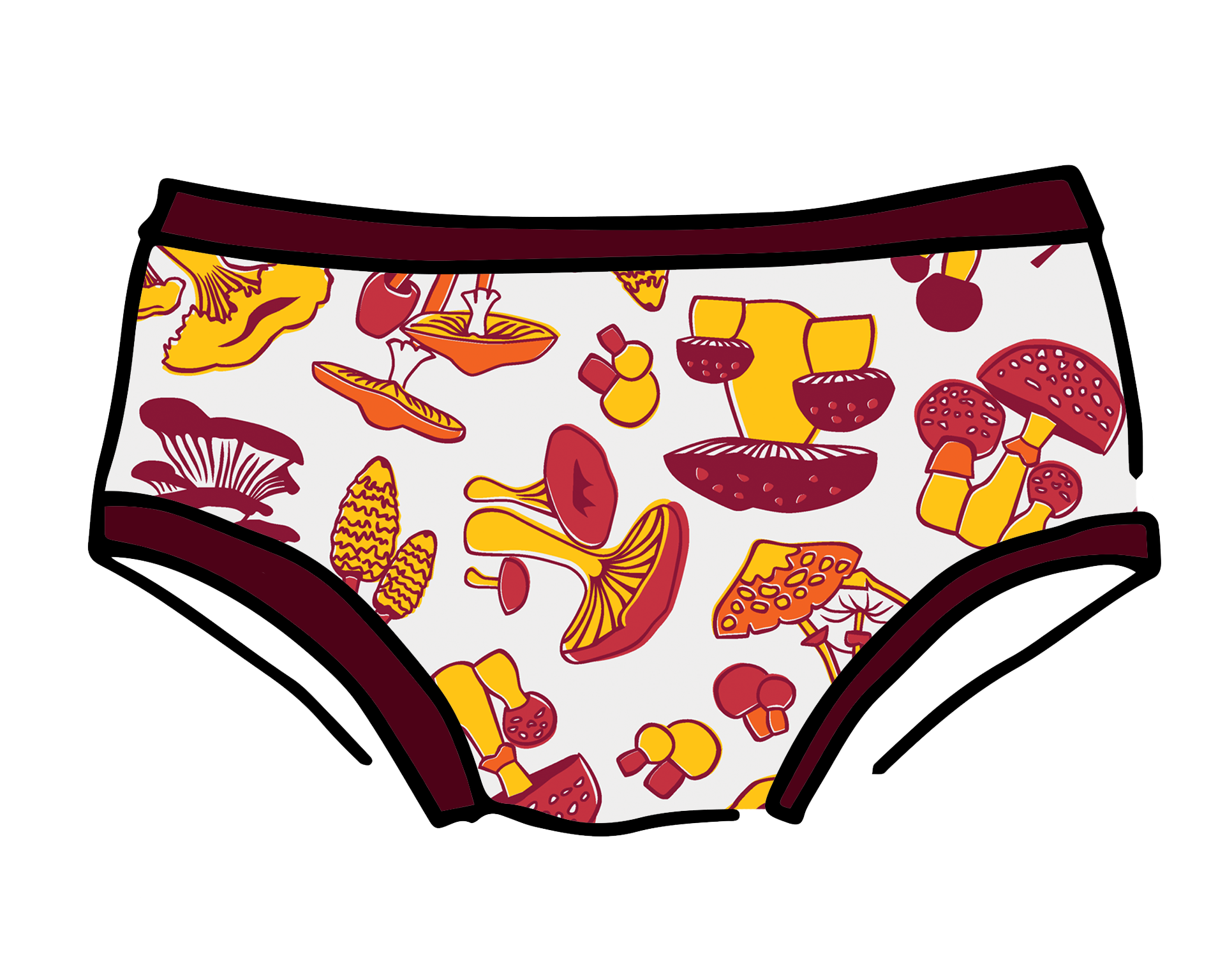 Drawing of Thunderpants Hipster style underwear in Whadda Mushroom - red, yellow, and orange mushrooms.