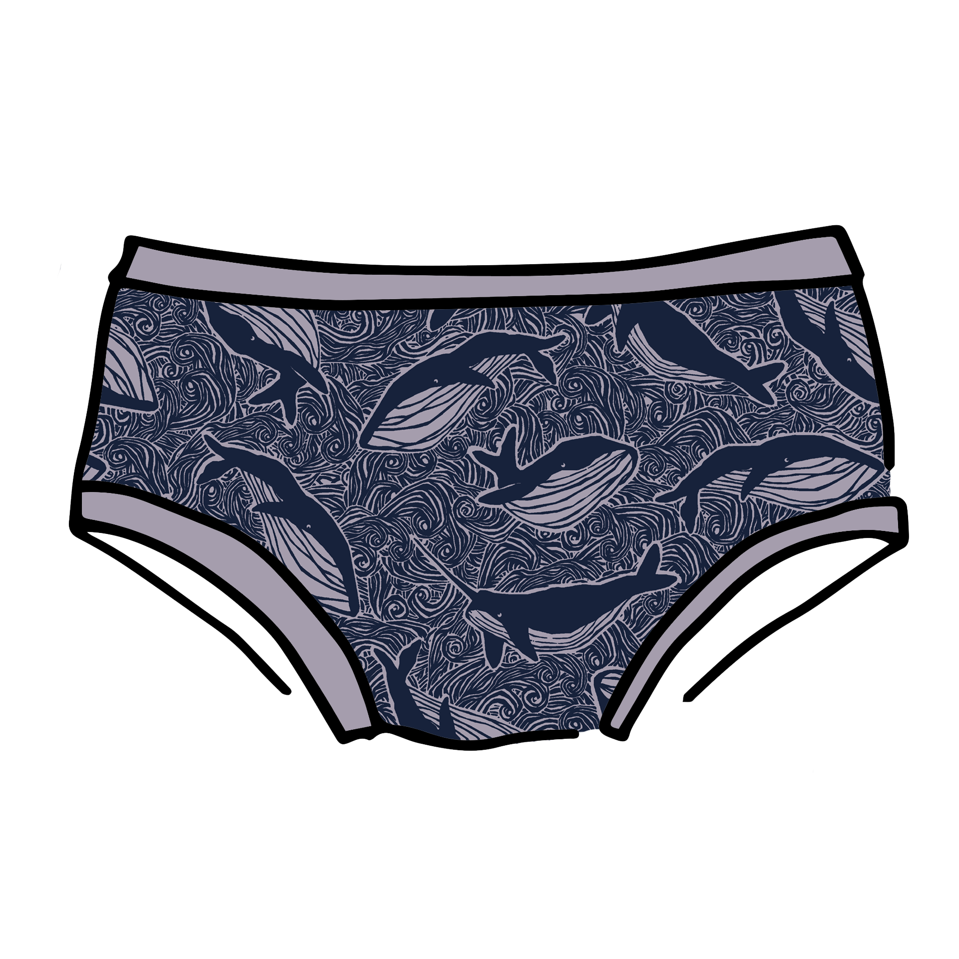 Drawing of Thunderpants Hipster style underwear in Whale, Whale, Whale print - indigo whales on lavender.