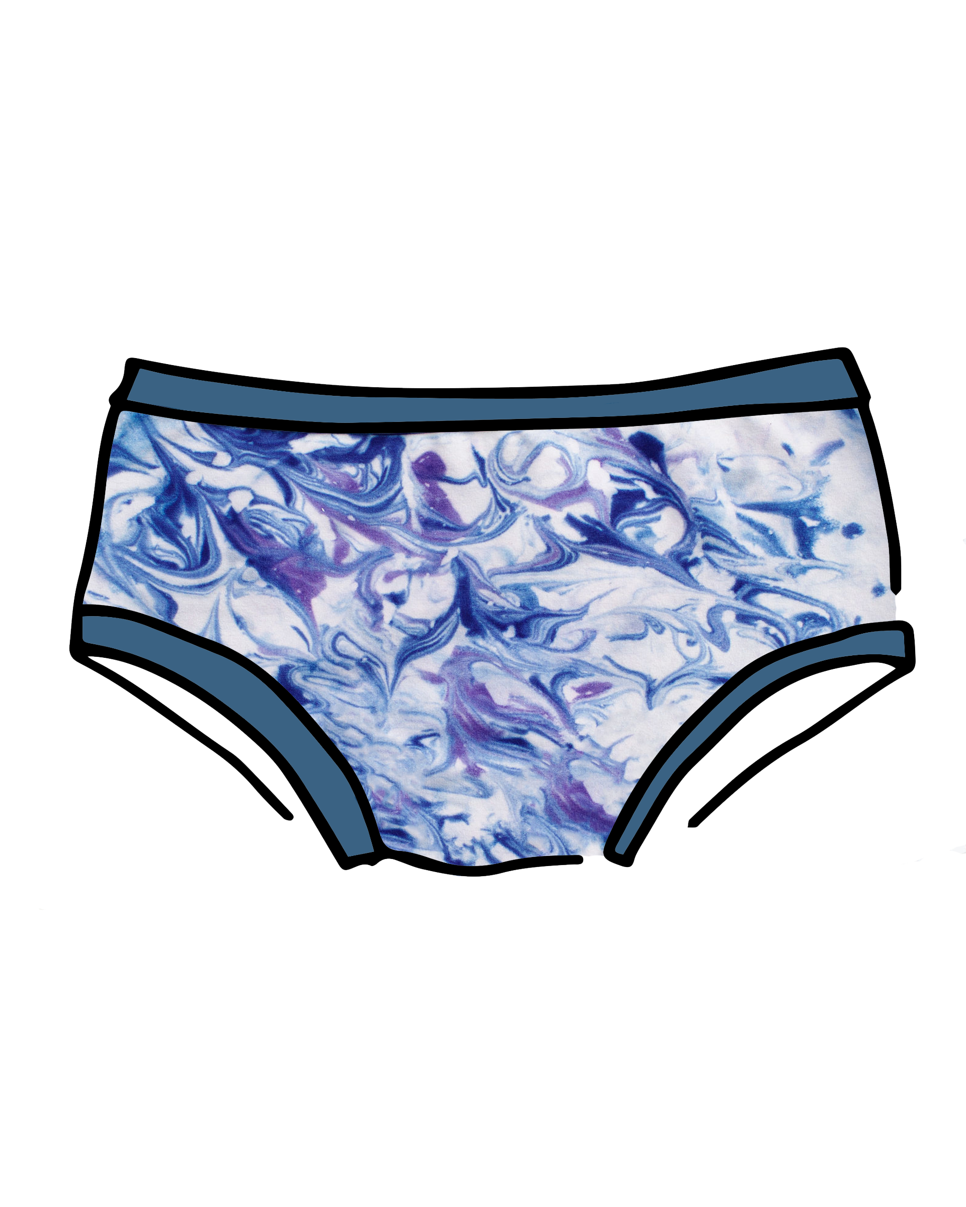 Drawing of Thunderpants Hipster style underwear in Winter Blues Marble dye - different blues and purples swirled to look like marble. 