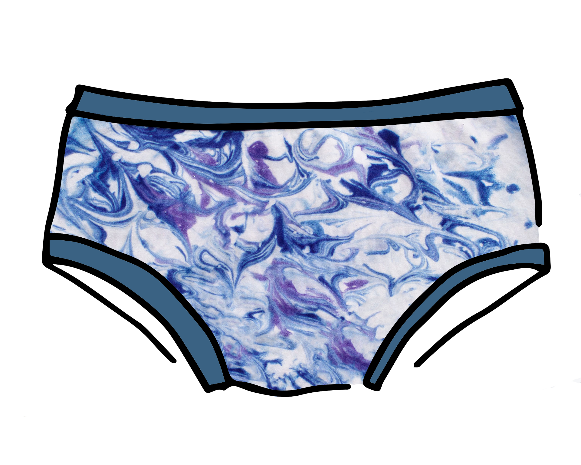 Drawing of Thunderpants Hipster style underwear in Winter Blues Marble dye - different blues and purples swirled to look like marble. 