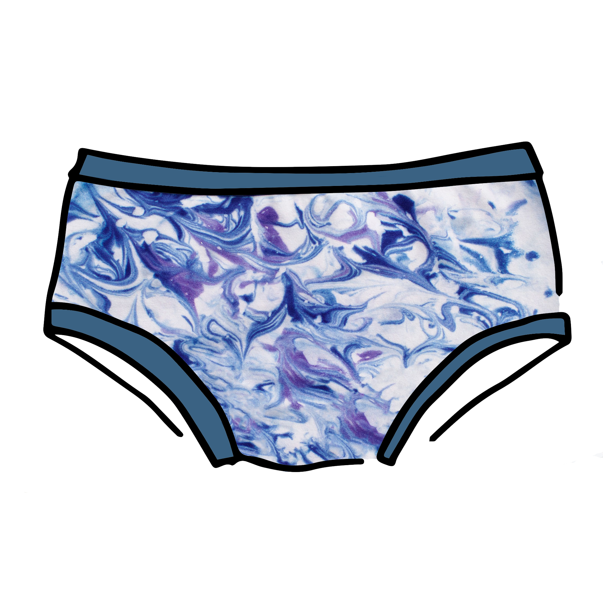 Drawing of Thunderpants Hipster style underwear in Winter Blues Marble dye - different blues and purples swirled to look like marble. 