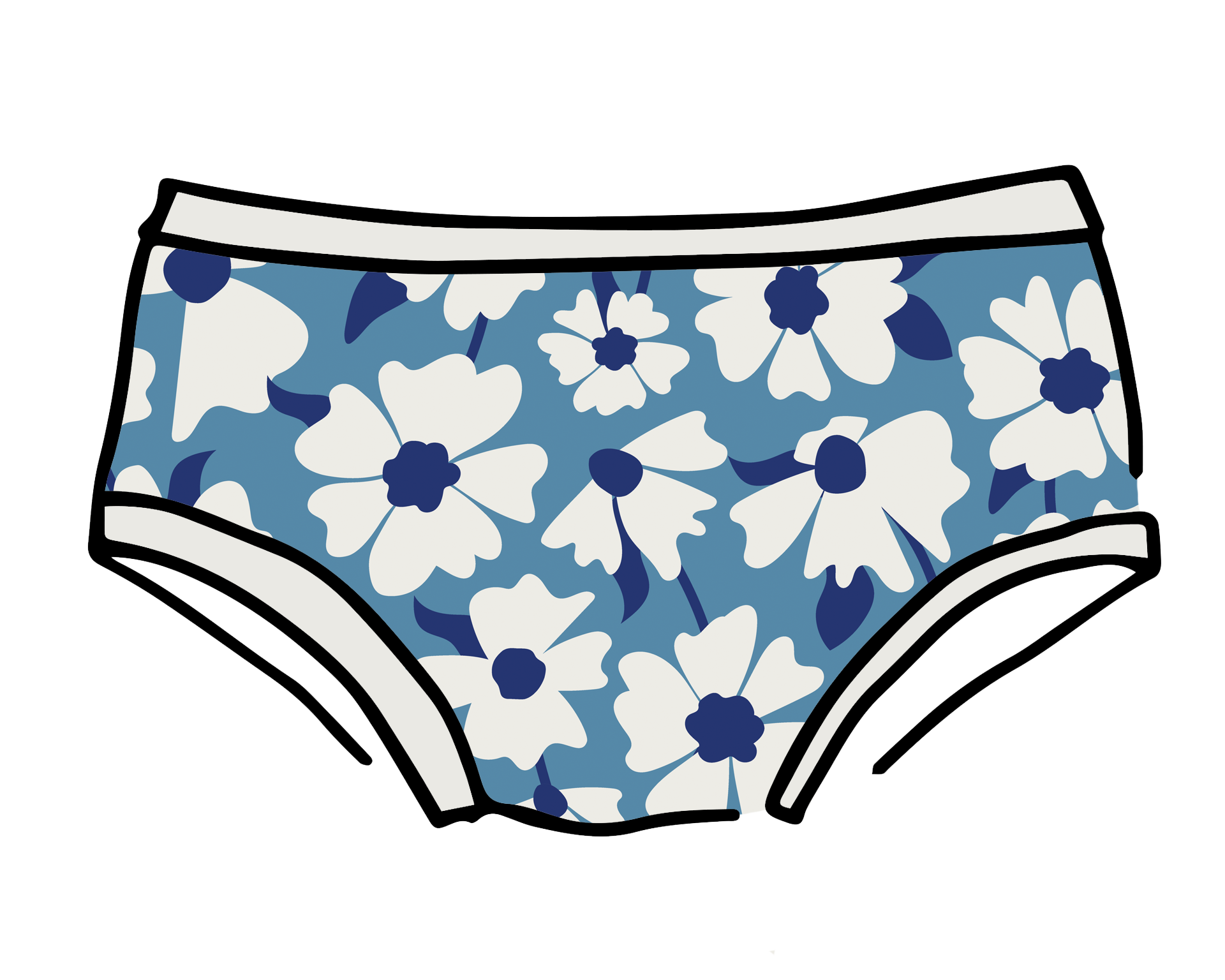 Drawing of Thunderpants Hipster style underwear in Moody Blooms - white and blue flowers with blue background.