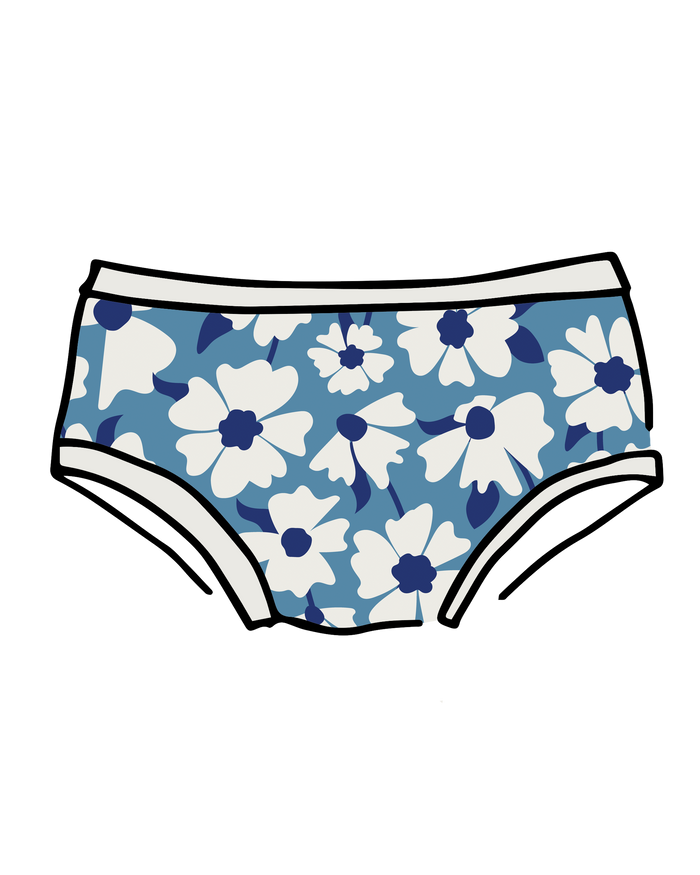 Drawing of Thunderpants Hipster style underwear in Moody Blooms - white and blue flowers with blue background.