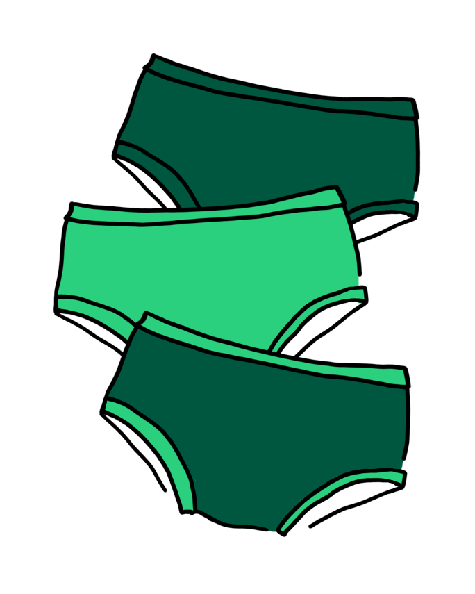 Drawing of a three pack of different green color Hipster style Thunderpants.