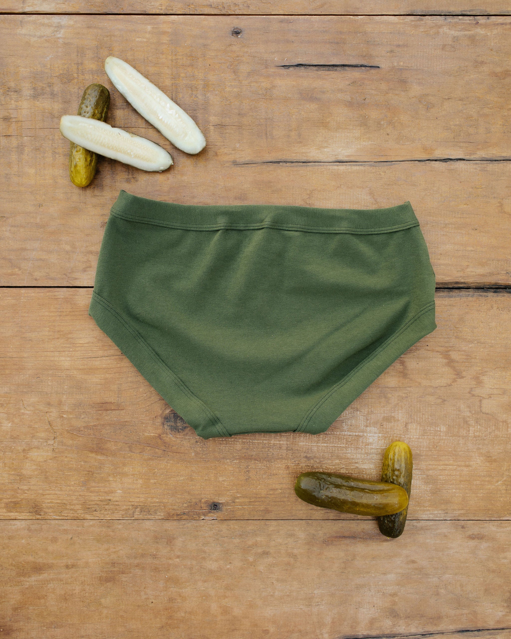 Flat lay of Thunderpants Hipster style underwear in Pickled Green.