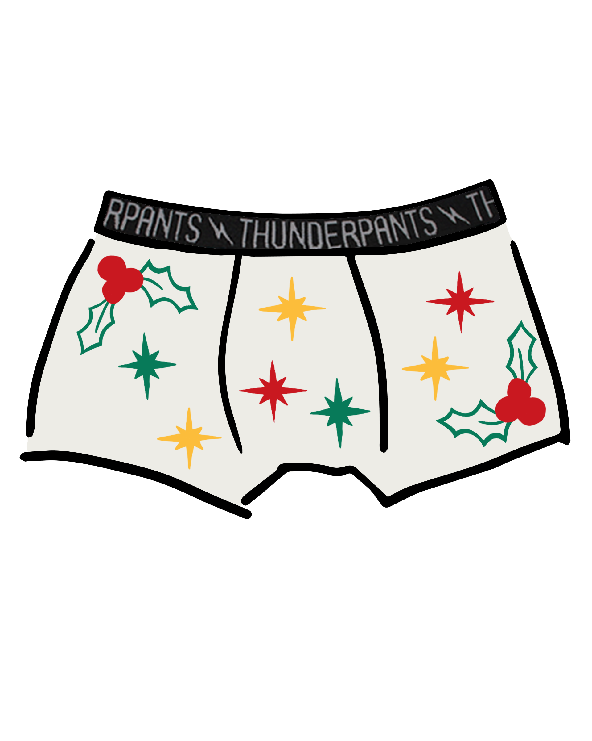 Drawing of Thunderpants Boxer Brief in Holly Holiday handprint.