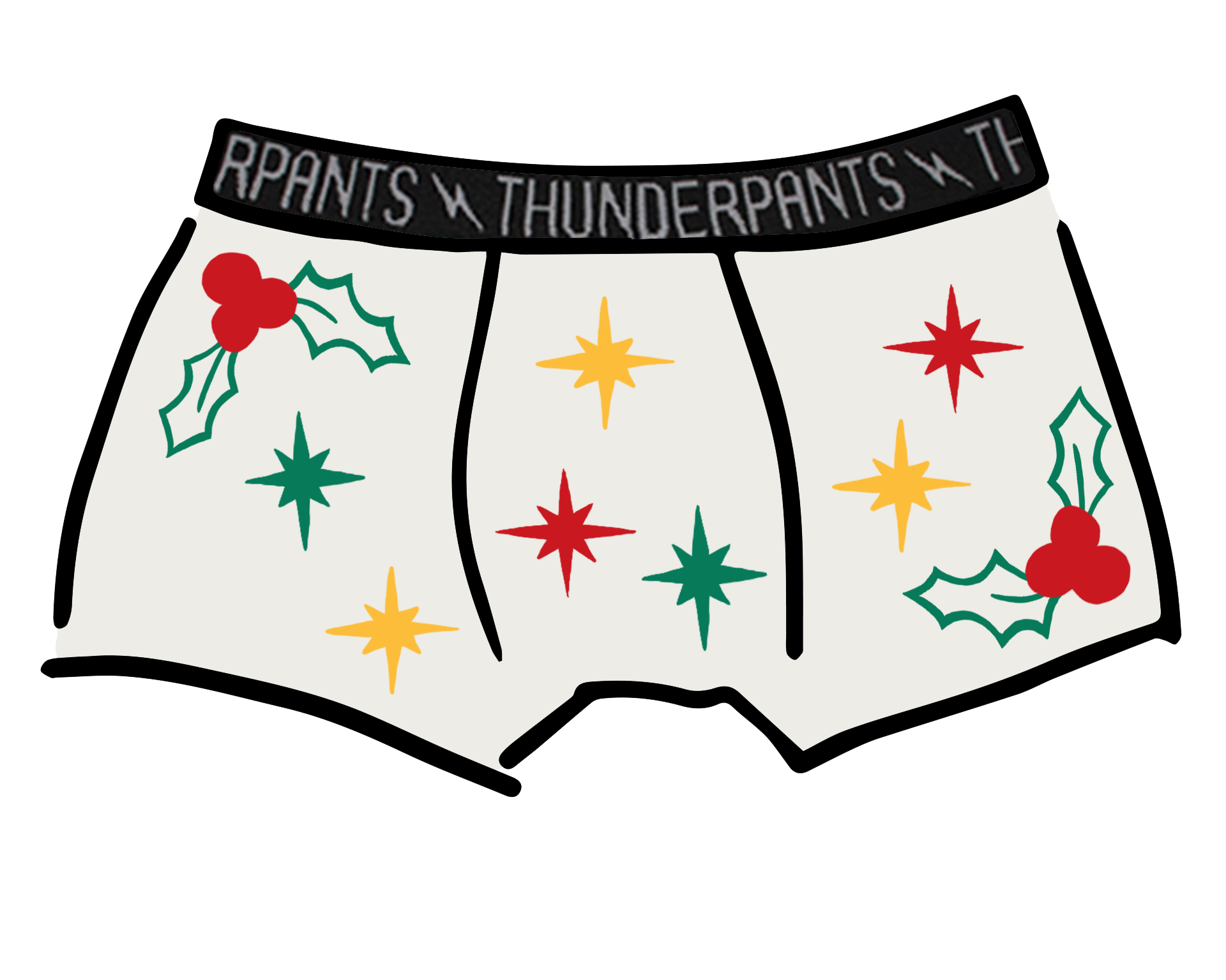 Drawing of Thunderpants Boxer Brief in Holly Holiday handprint.