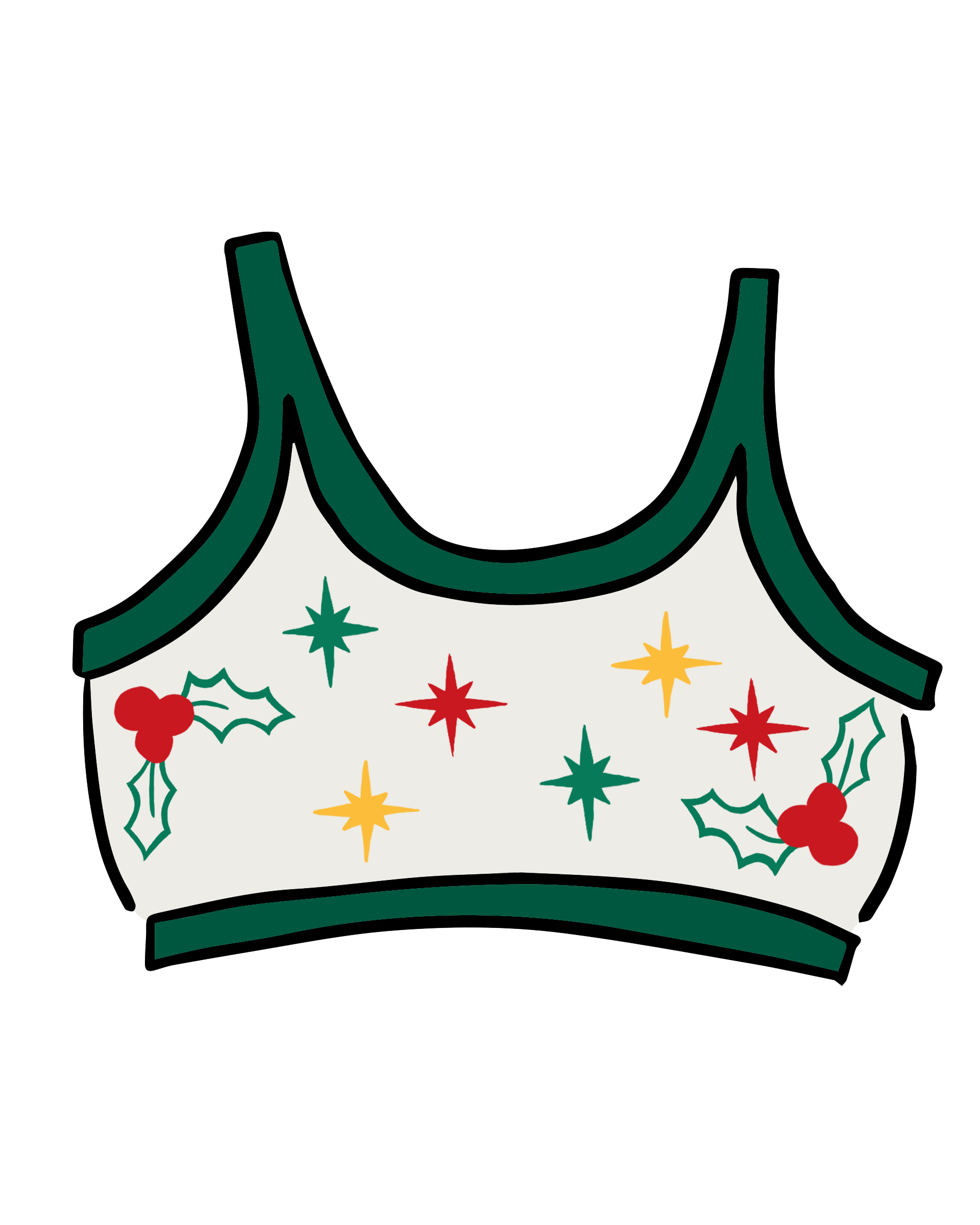 Drawing of Thunderpants Longline Bra in Holly Holiday Handprint.