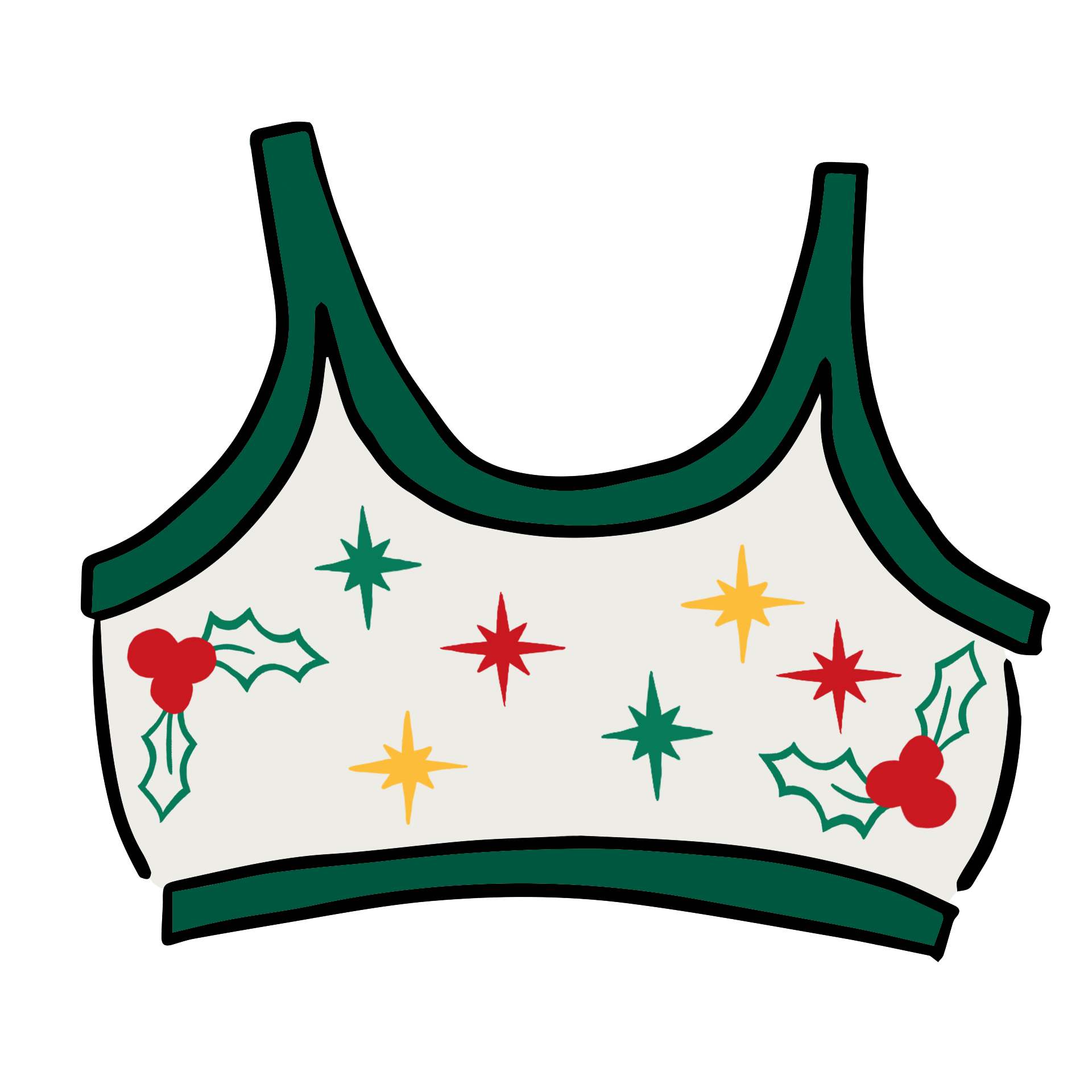 Drawing of Thunderpants Longline Bra in Holly Holiday Handprint.