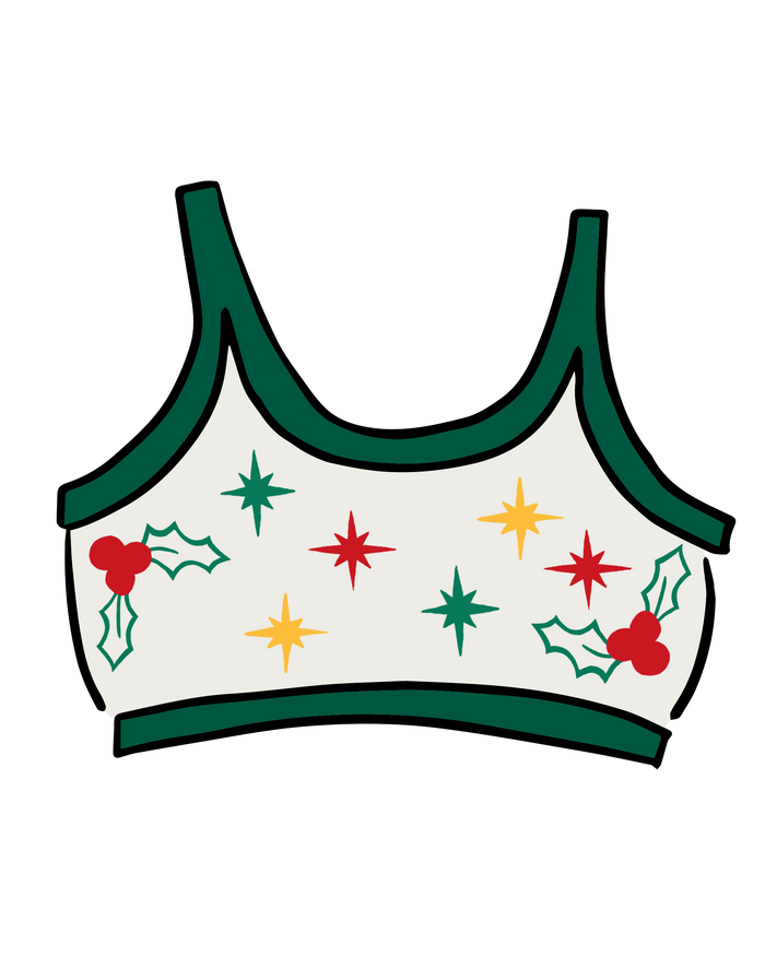 Drawing of Thunderpants Longline Bra in Holly Holiday Handprint.