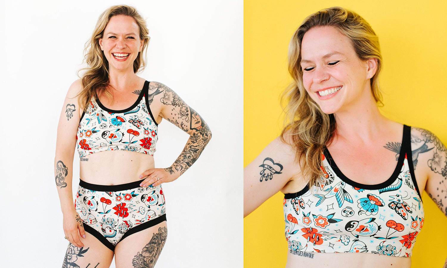 Model wearing various Thunderpants items in Inked Up - blue, red, and black tattoos.
