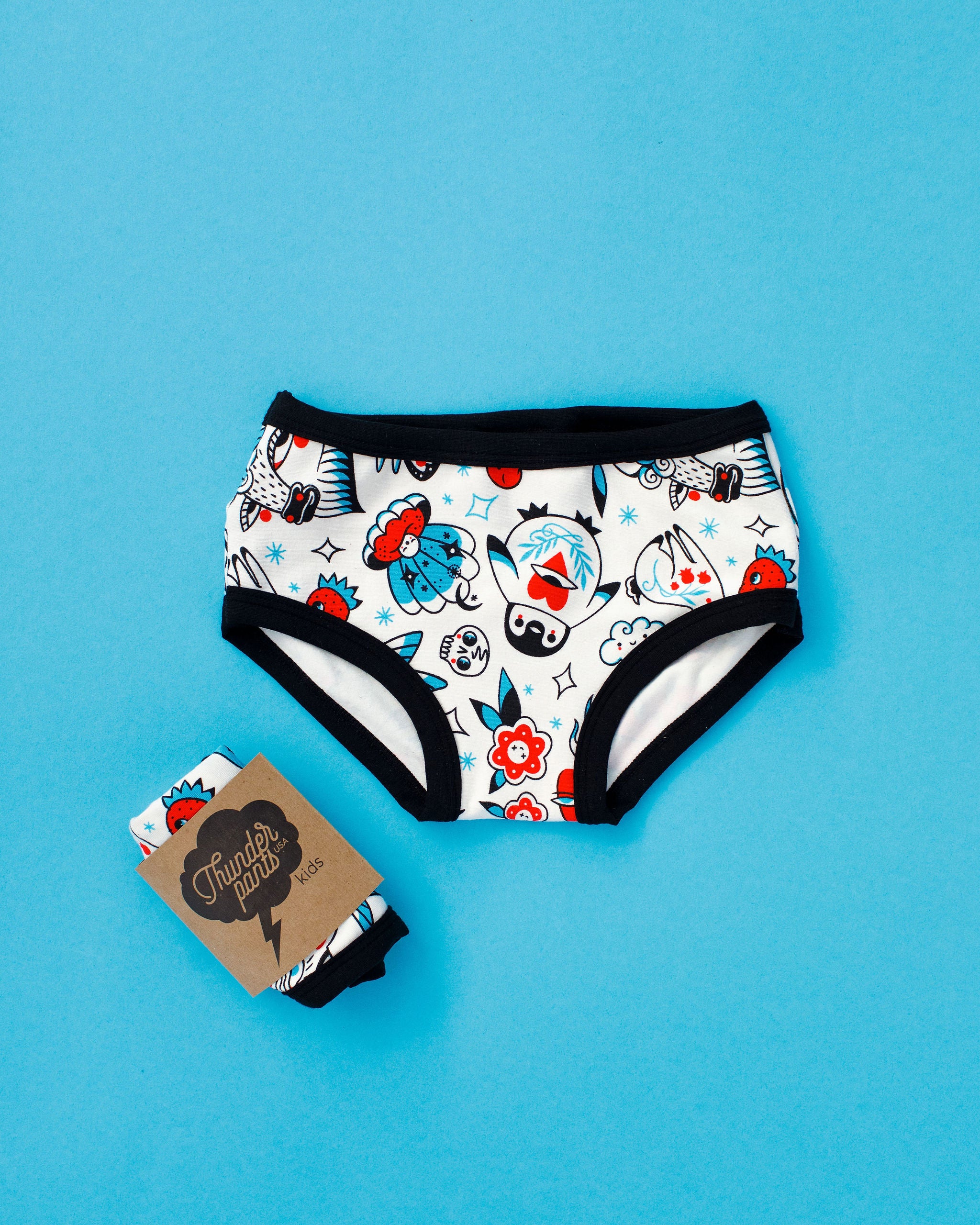 Flat lay of Thunderpants Kid's Original style underwear in Inked Up print.
