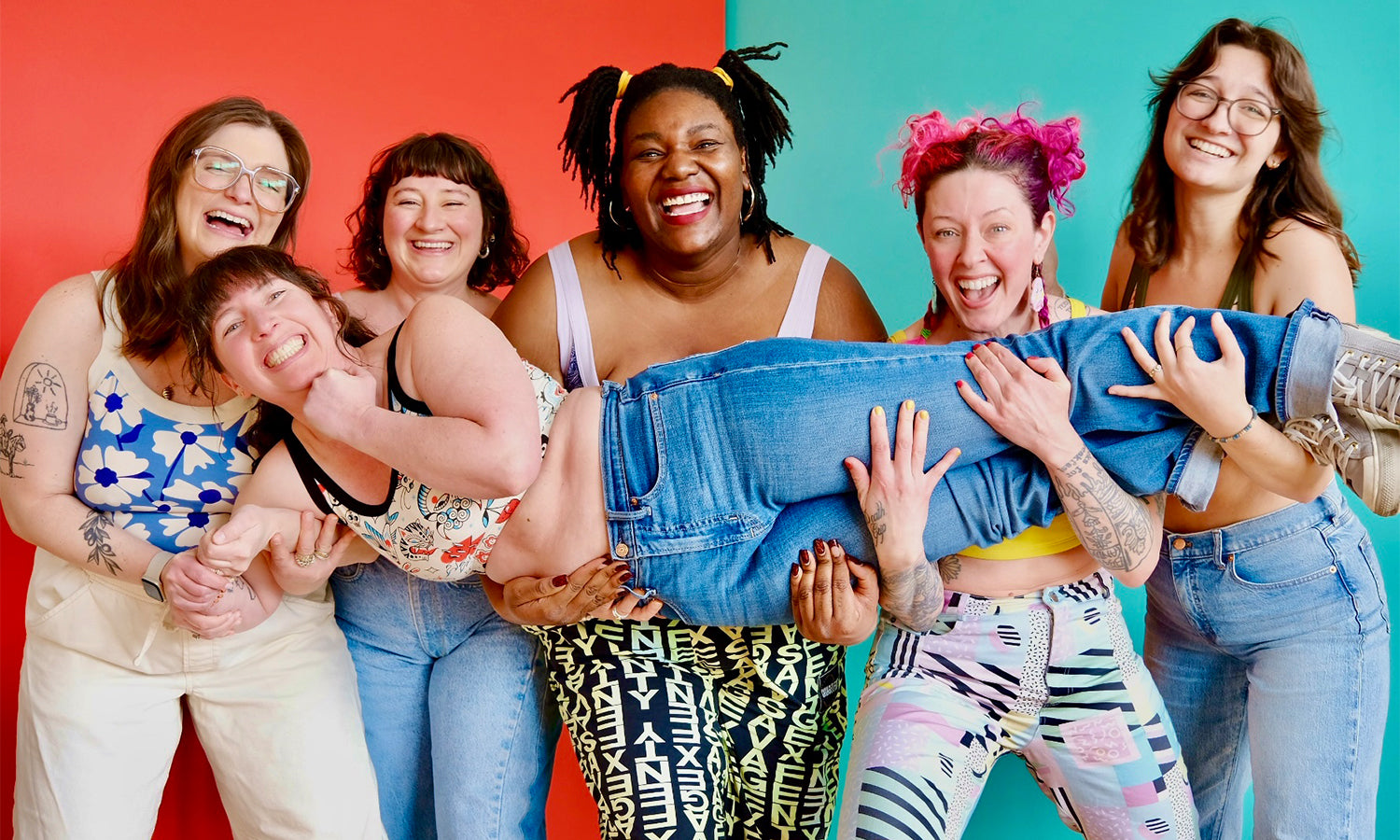 All women Thunderpants staff wearing Camis in different prints.