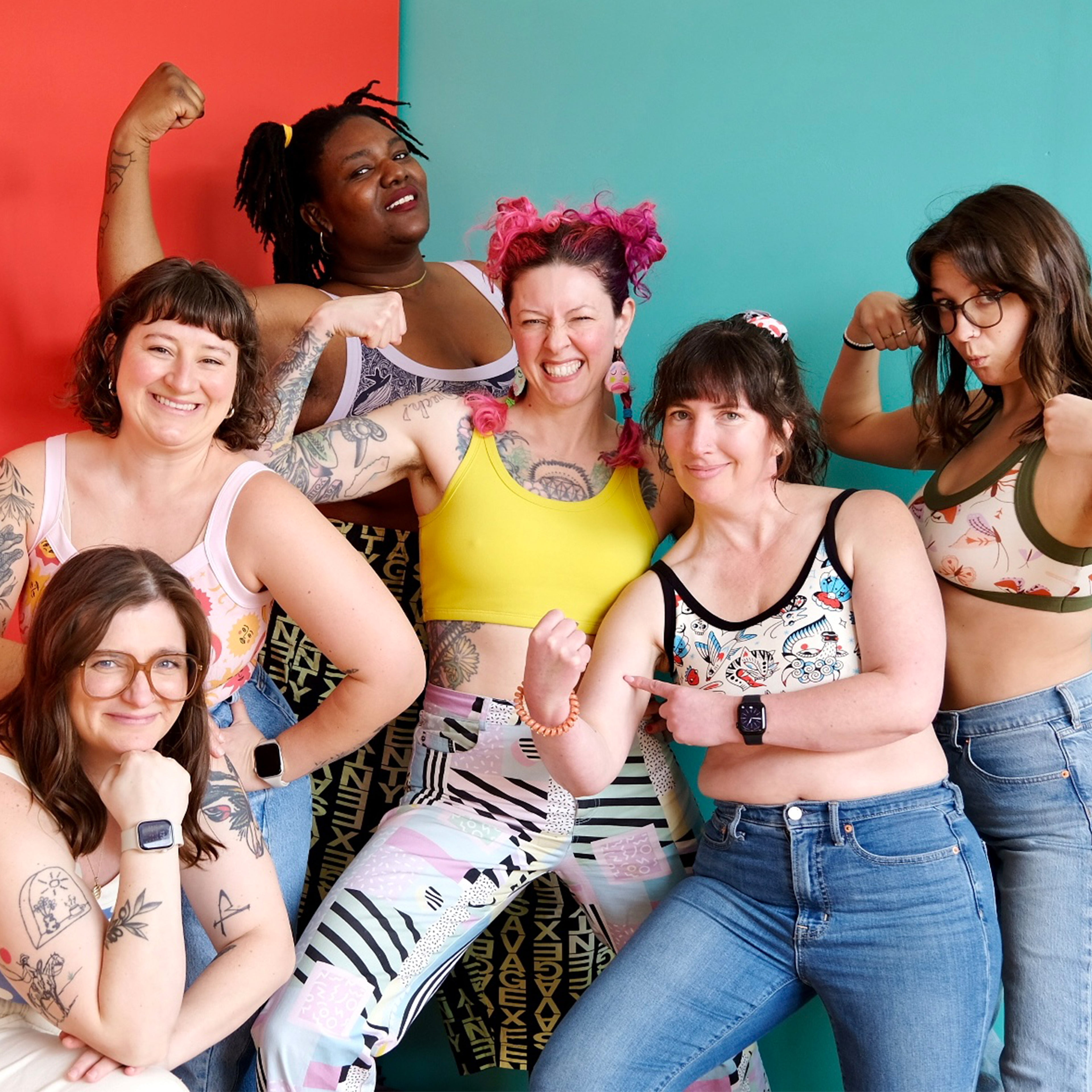 All women Thunderpants staff wearing Camis in different prints.